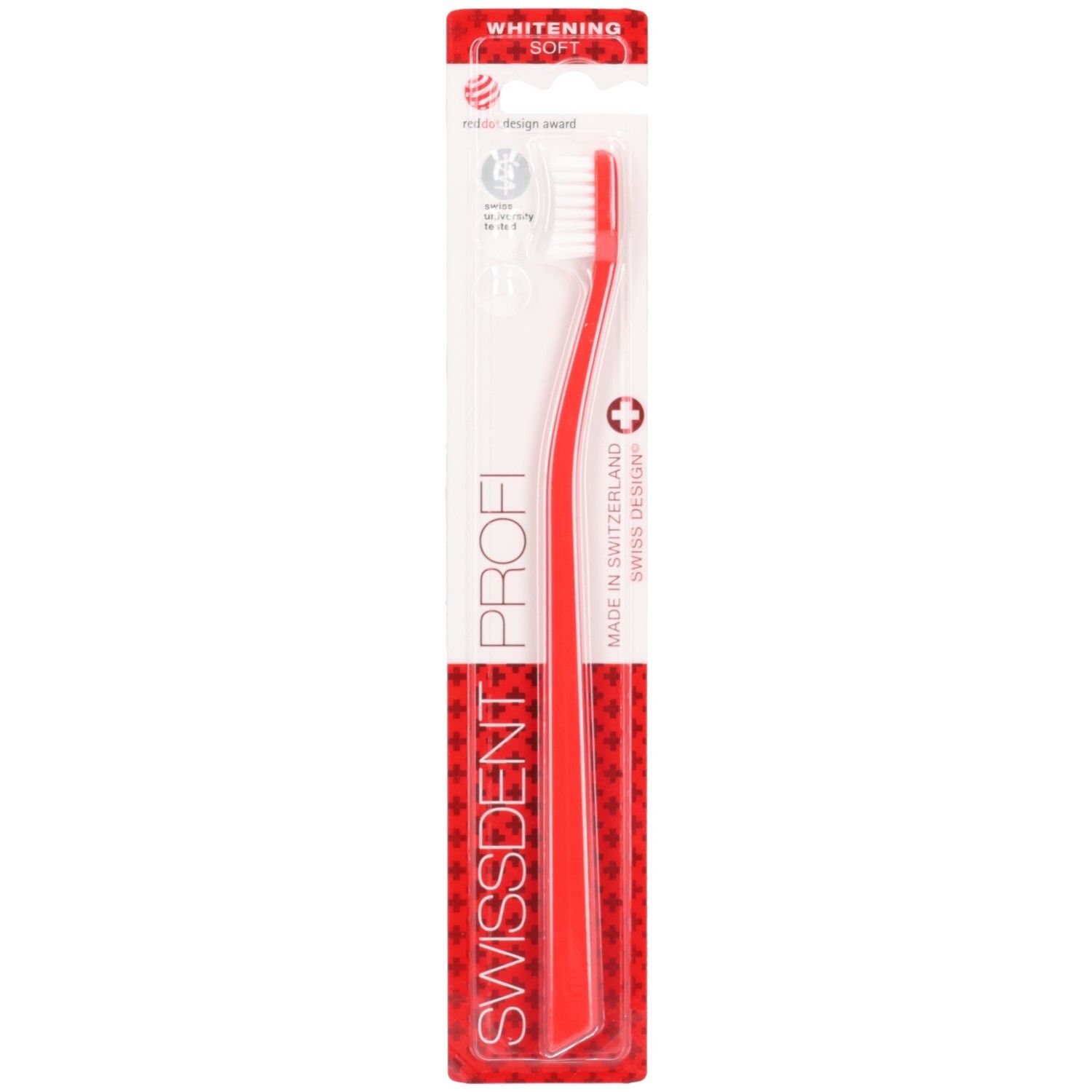 Brosse à dents rouge dans son emballage. SWISSDENT PROFI, WHITENING SOFT. Manche rouge, tête blanche. Fabriqué en Suisse.