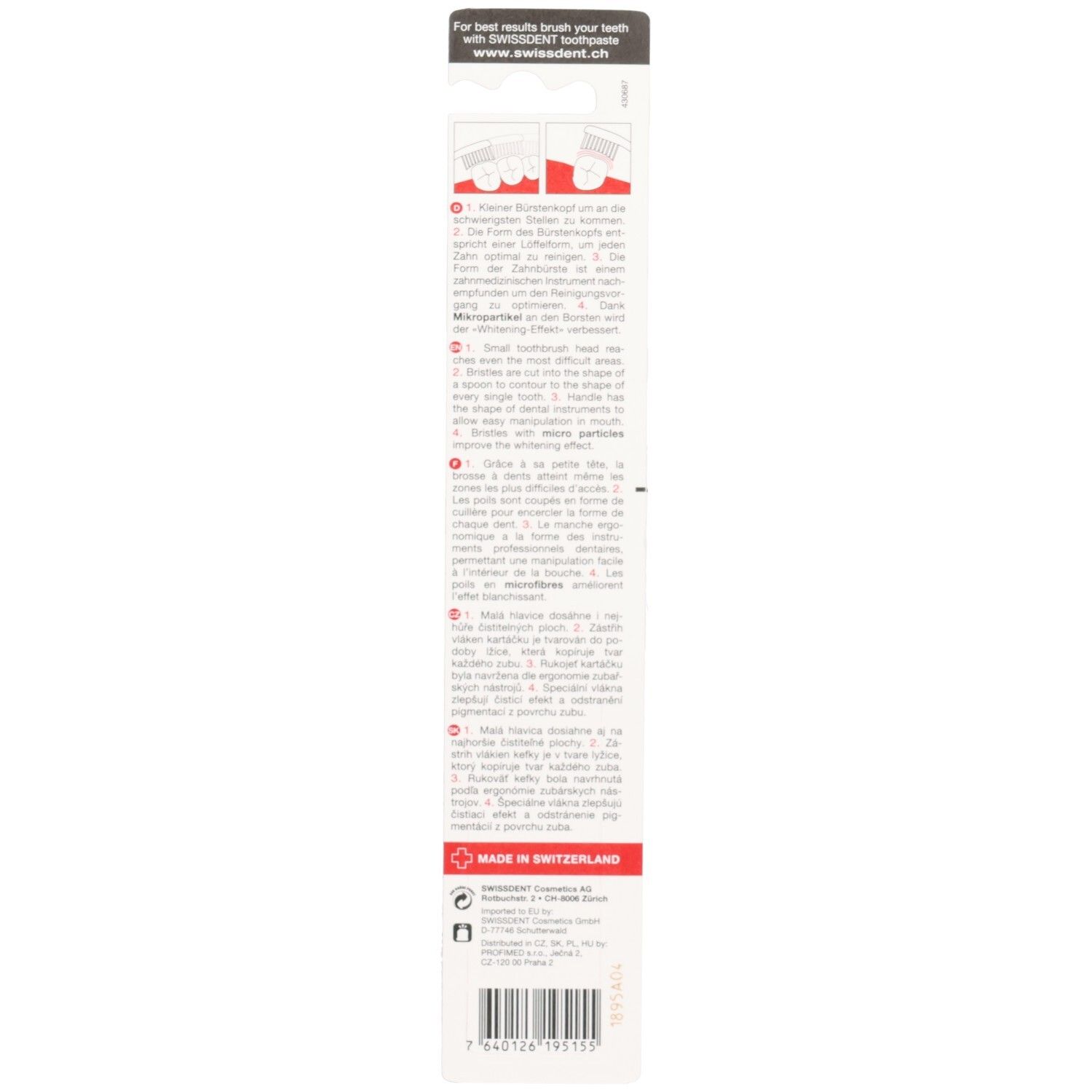 Dos de l'emballage de la brosse à dents. Texte avec instructions et informations. Fabriqué en Suisse. Code-barres.