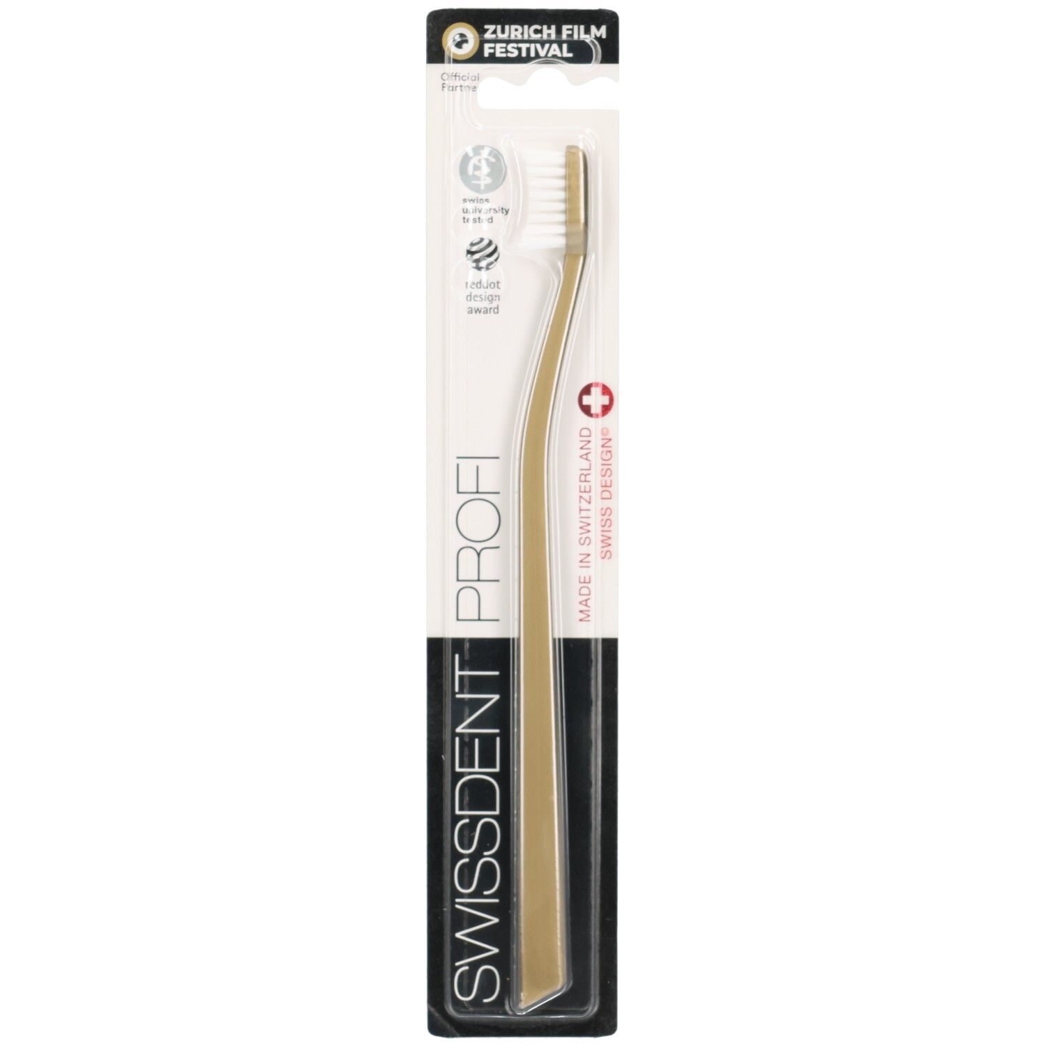 Brosse à dents Swissdent Profi Whitening Classic Golden dans son emballage. Manche doré, tête blanche. Emballage noir et blanc.