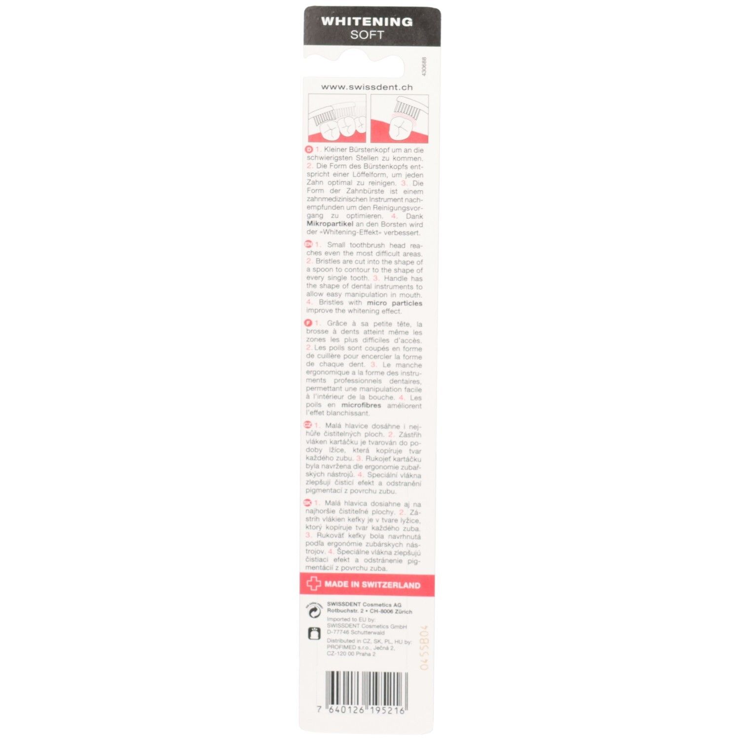 Dos de l'emballage de la brosse à dents. Texte multilingue. Logo Swissdent. Fabriqué en Suisse.