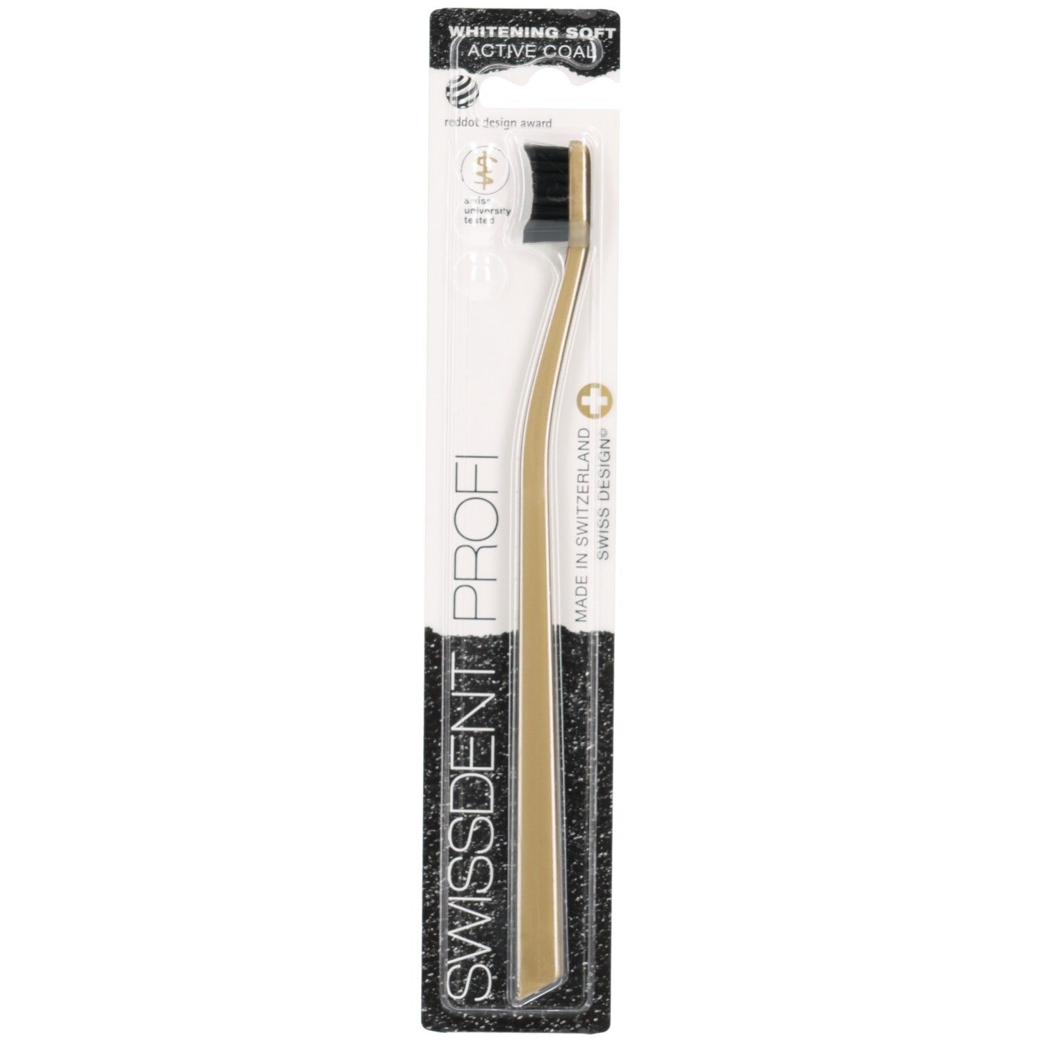 Brosse à dents avec tête de brosse noire et manche doré. Emballage avec nom du produit et logo.