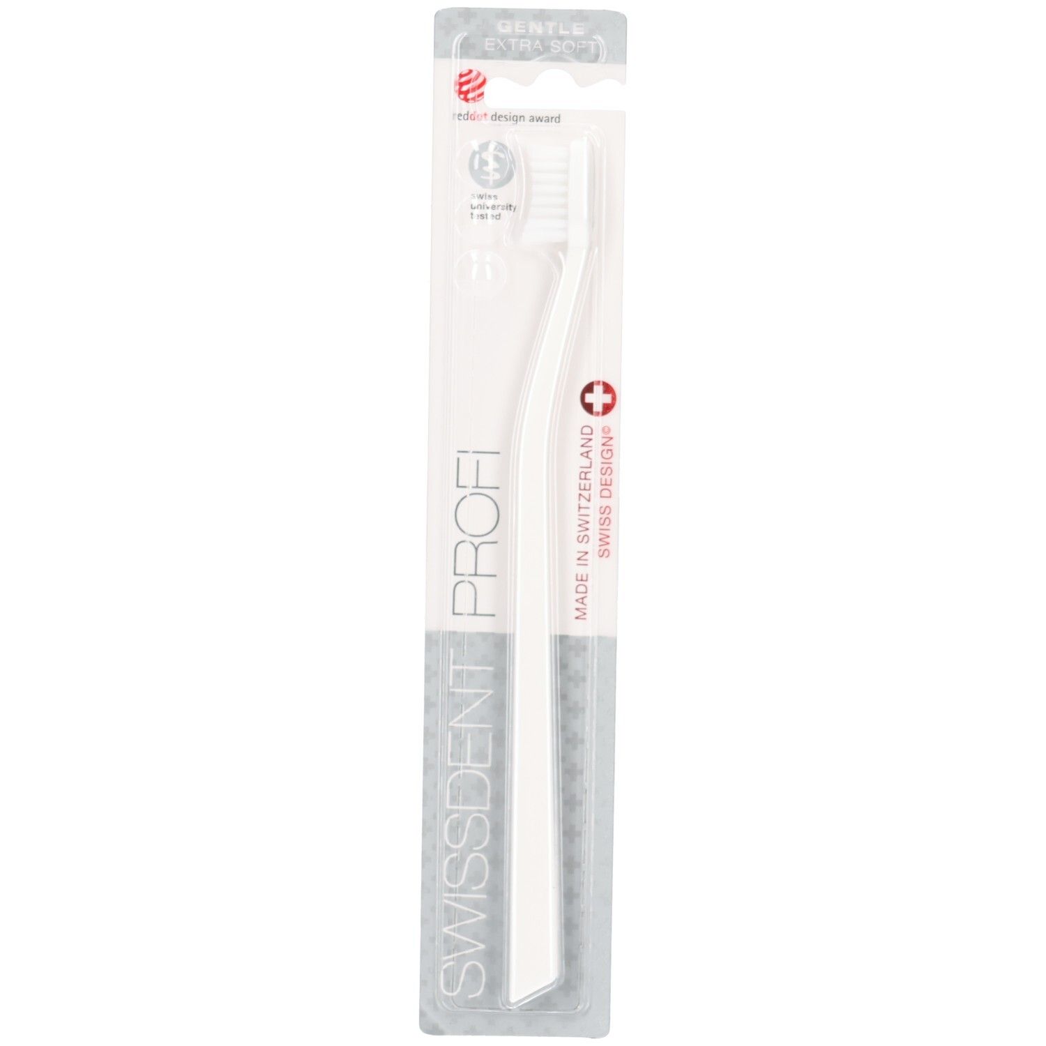 Brosse à dents blanche dans un emballage transparent. Inscription SWISSDENT PROFI. Croix rouge. "MADE IN SWITZERLAND".