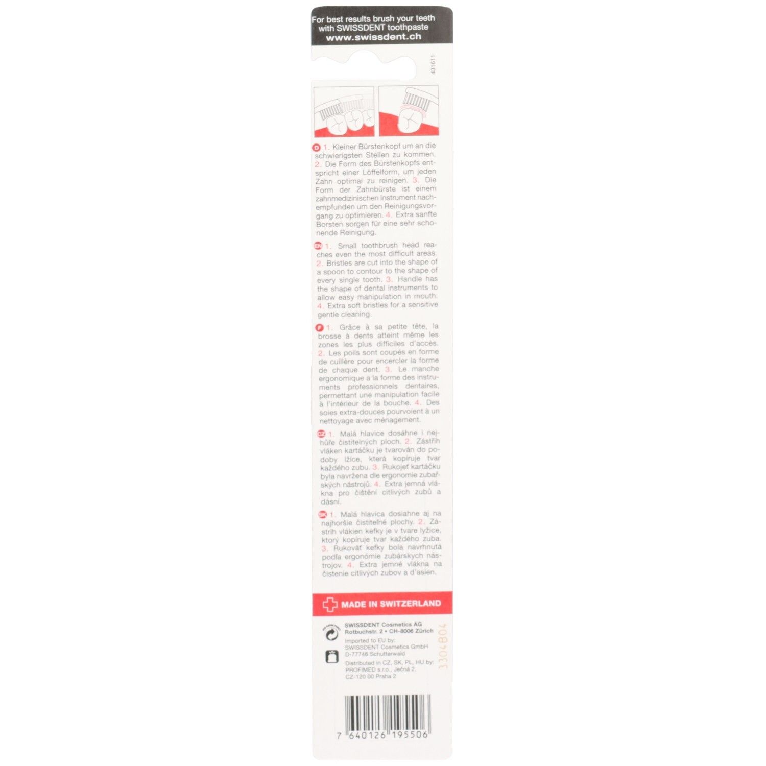 Dos de l'emballage de la brosse à dents. Texte multilingue. Croix rouge avec "MADE IN SWITZERLAND". Code-barres.