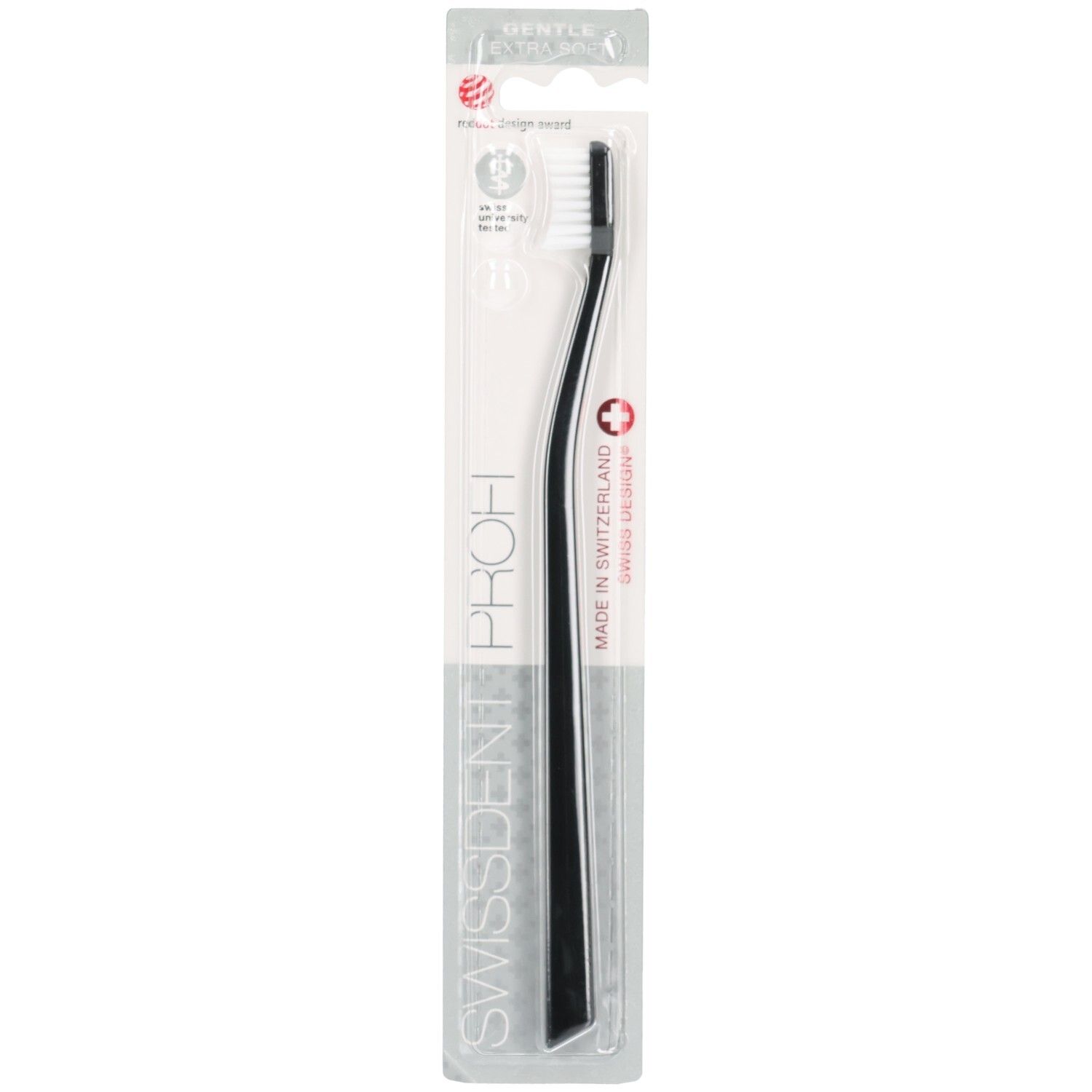Brosse à dents noire SWISSDENT GENTLE CLASSIC PROFI en emballage blister. Manche noir, tête blanche. Point rouge.