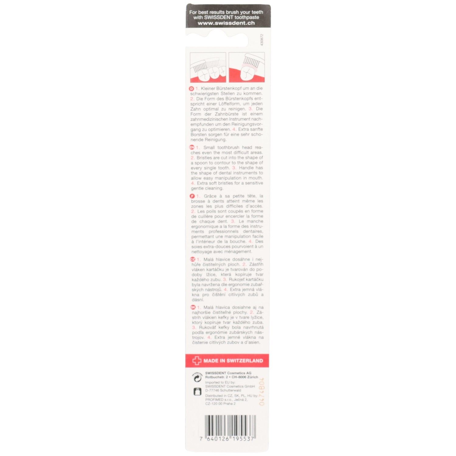 Dos de l'emballage de la brosse à dents SWISSDENT GENTLE CLASSIC PROFI. Texte en allemand, français, italien, anglais. Fabriqué en Suisse.