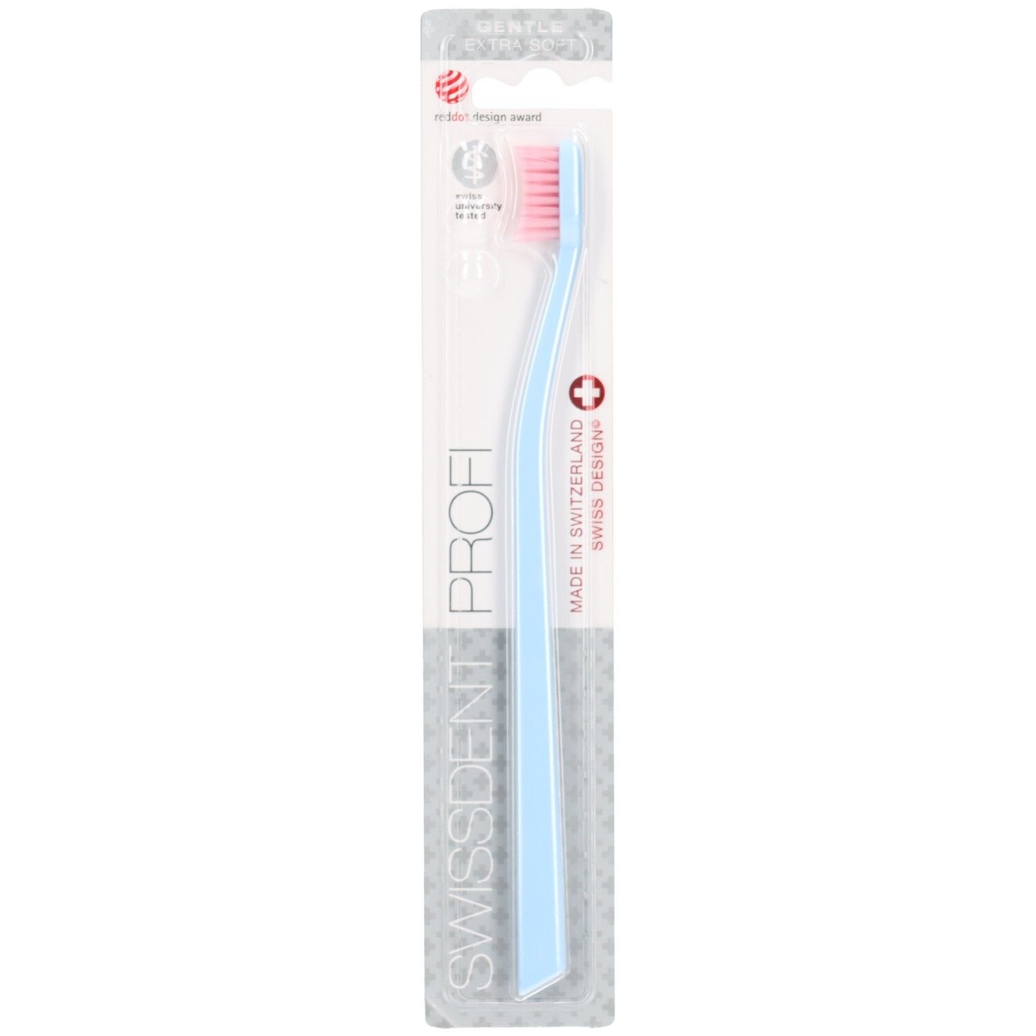 Brosse à dents bleue claire, soies roses, emballage transparent. SWISSDENT PROFI, Made in Switzerland, Red Dot Design Award.