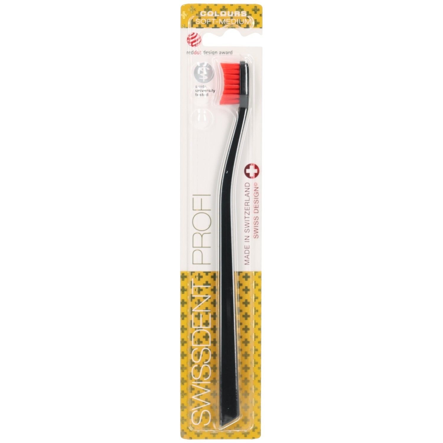 Brosse à dents noire et tête rouge dans emballage. SWISSDENT COLOURS CLASSIC, PROFI. Point rouge: Swiss Design.