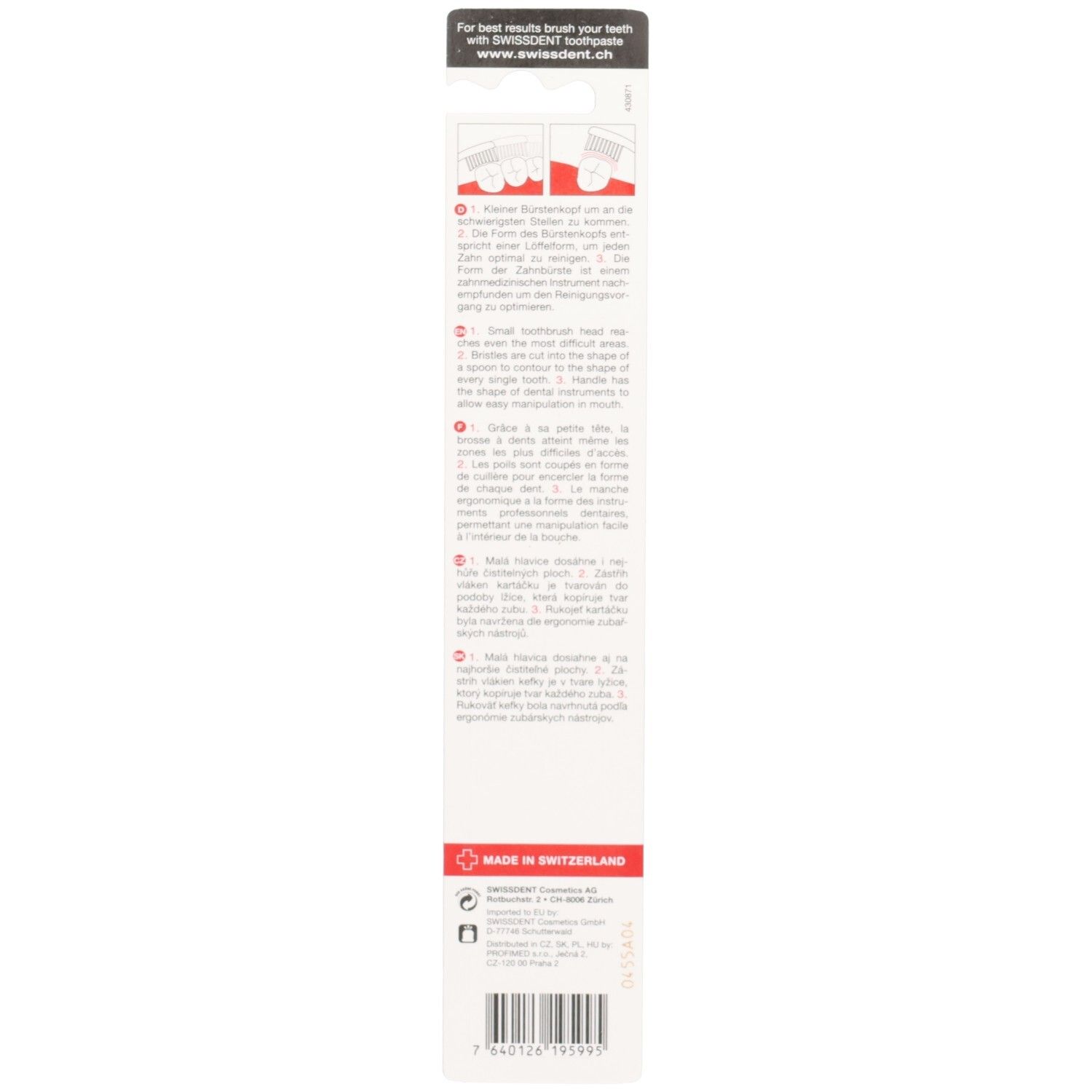 Dos de l'emballage. Texte: Made in Switzerland. Illustrations et texte d'utilisation.