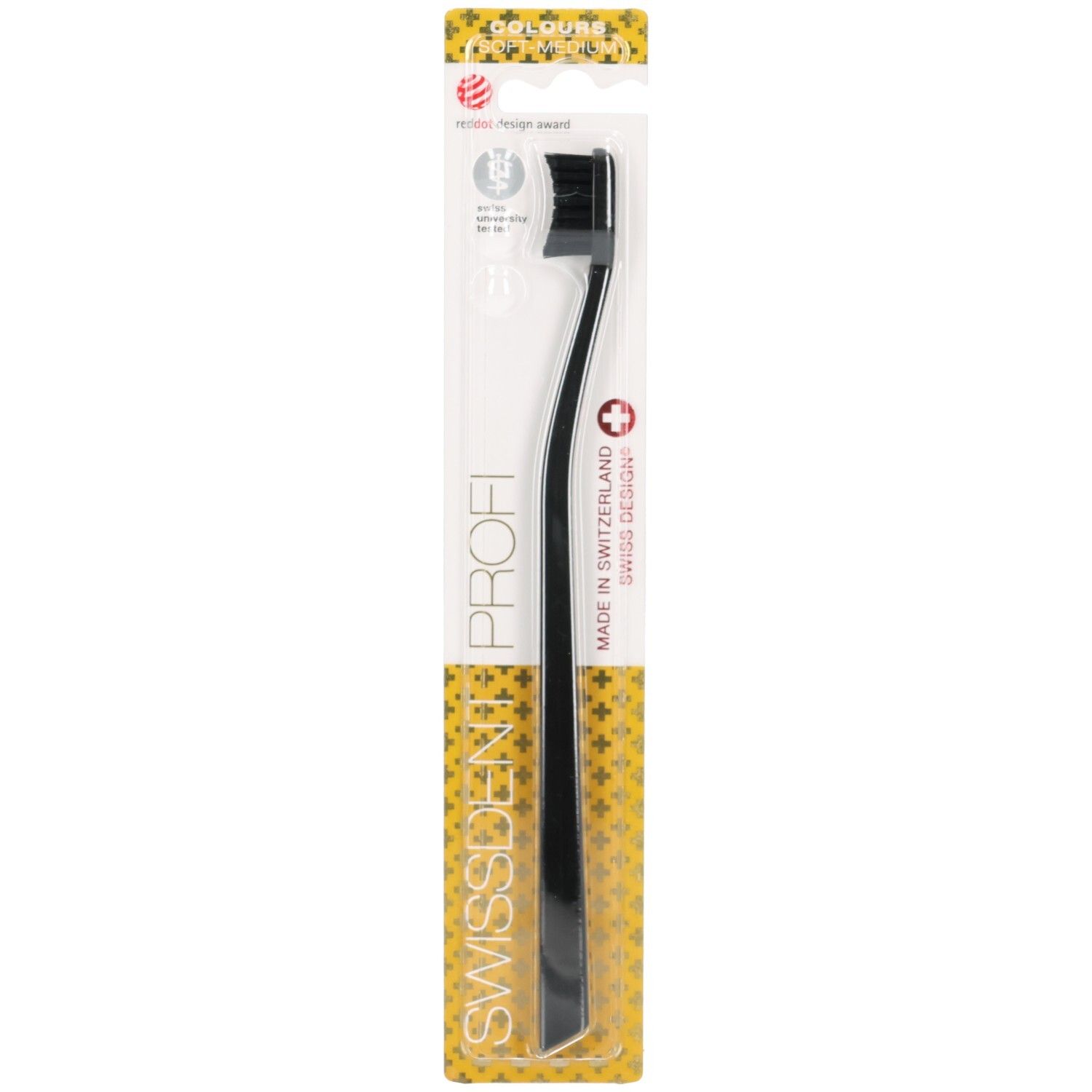 Brosse à dents noire avec tête noire, emballage blister. Inscriptions: SWISSDENT, PROFI, COLOURS. Prix de design rouge.
