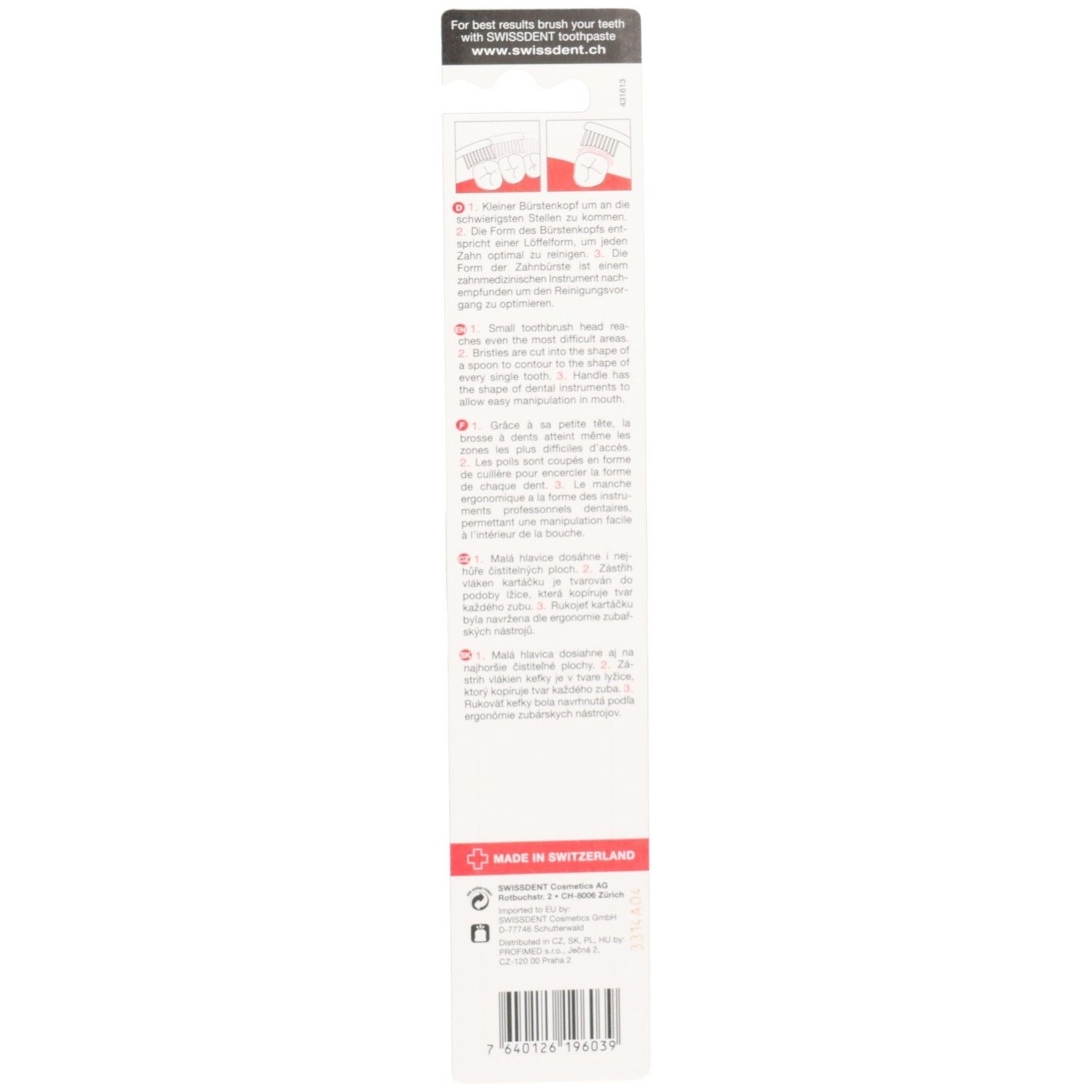 Dos de l'emballage blister. Texte et illustrations. Inscription: MADE IN SWITZERLAND. Code-barres et logo.