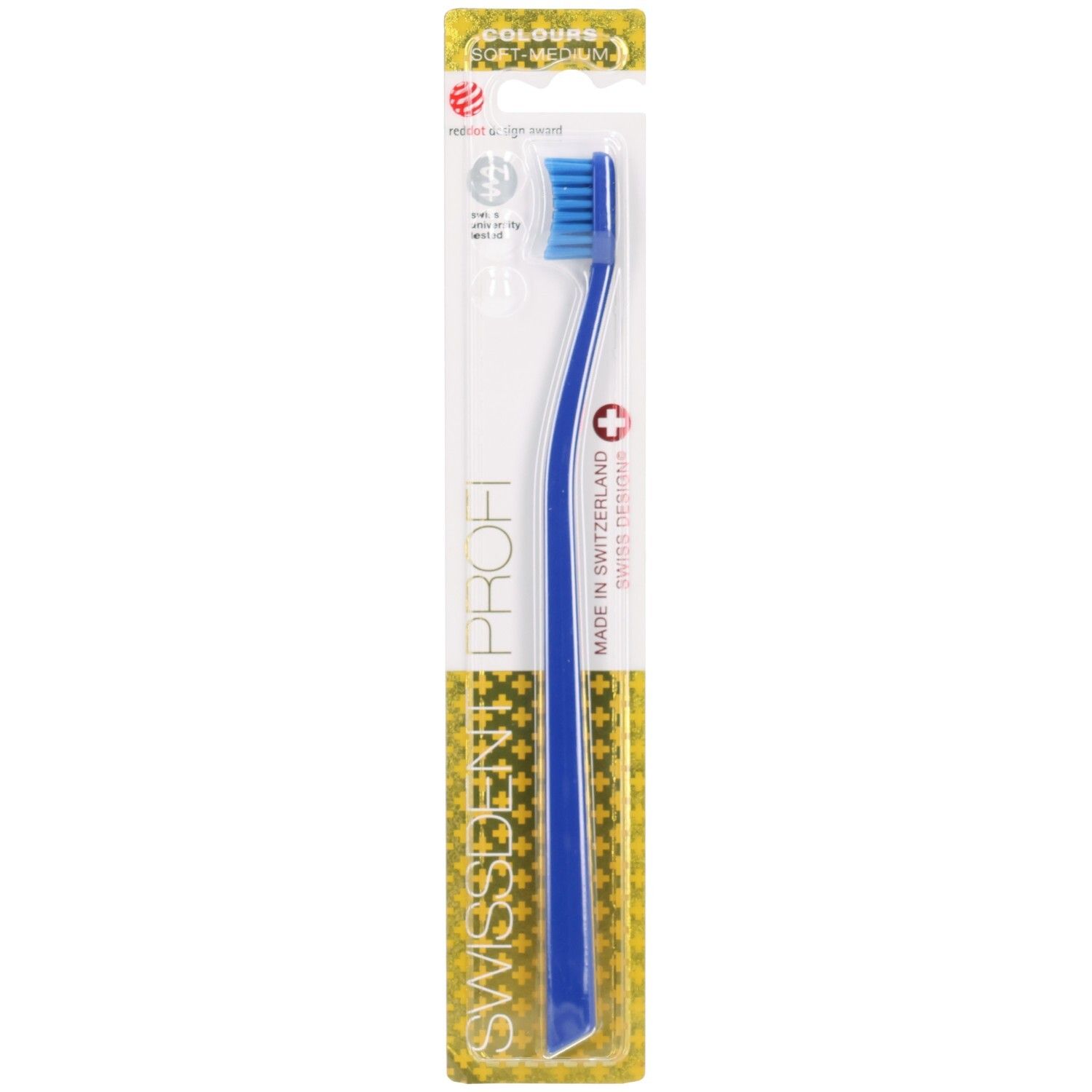 Brosse à dents bleue dans un emballage blister. SWISSDENT PROFI, point rouge, Fabriqué en Suisse. Soies bleues.