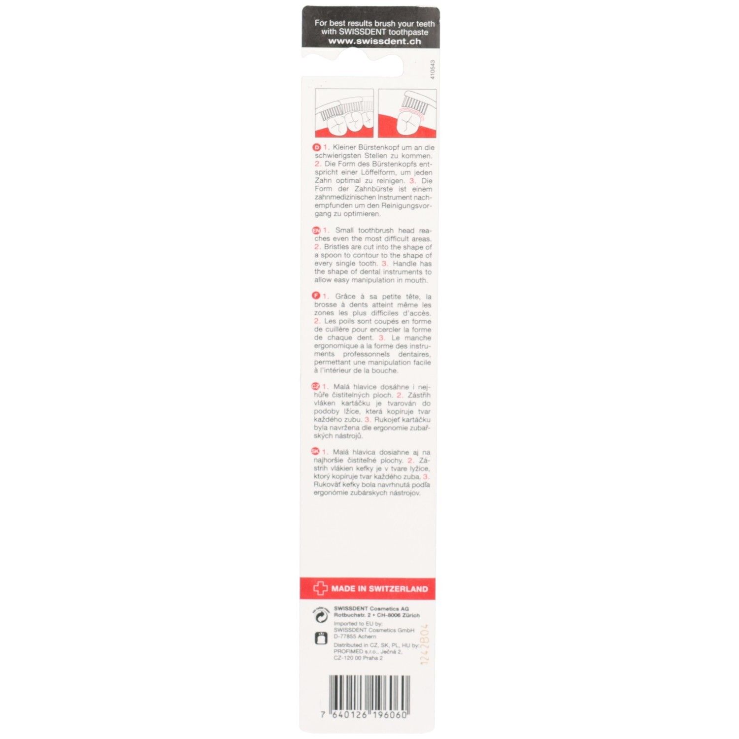 Dos de l'emballage de la brosse à dents. Texte : Fabriqué en Suisse. Illustrations et texte en plusieurs langues.