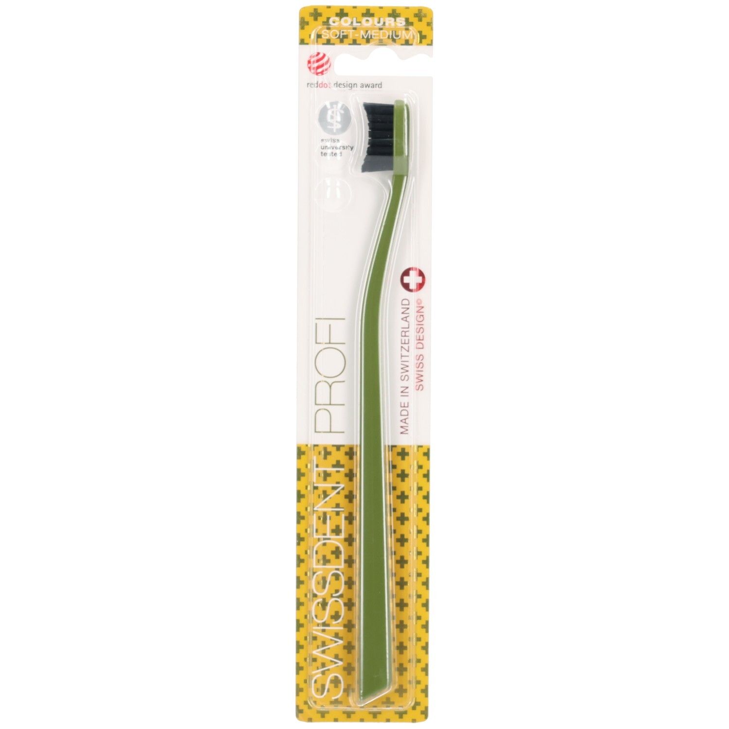 Brosse à dents verte et noire dans un emballage. Inscriptions : SWISSDENT, PROFI, COLOURS. Label: Red Dot Design Award.