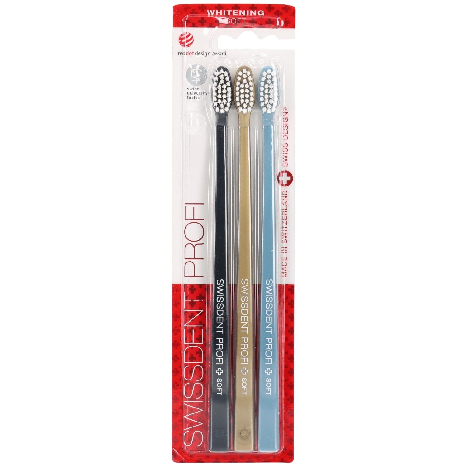 Ensemble de brosses à dents. Quatre brosses noires, dorées et bleues. Emballage avec accent rouge et nom du produit.