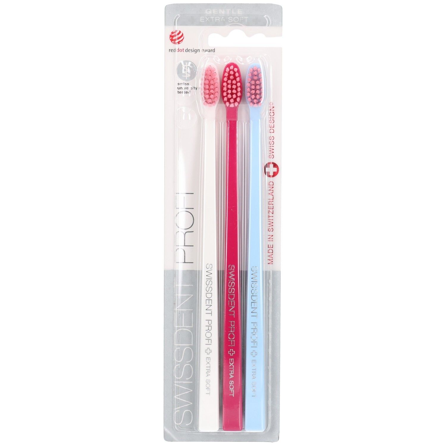 Ensemble de brosses à dents. Trois brosses : blanche, rose, bleue. SWISSDENT PROFI. Extra Soft. Emballage.