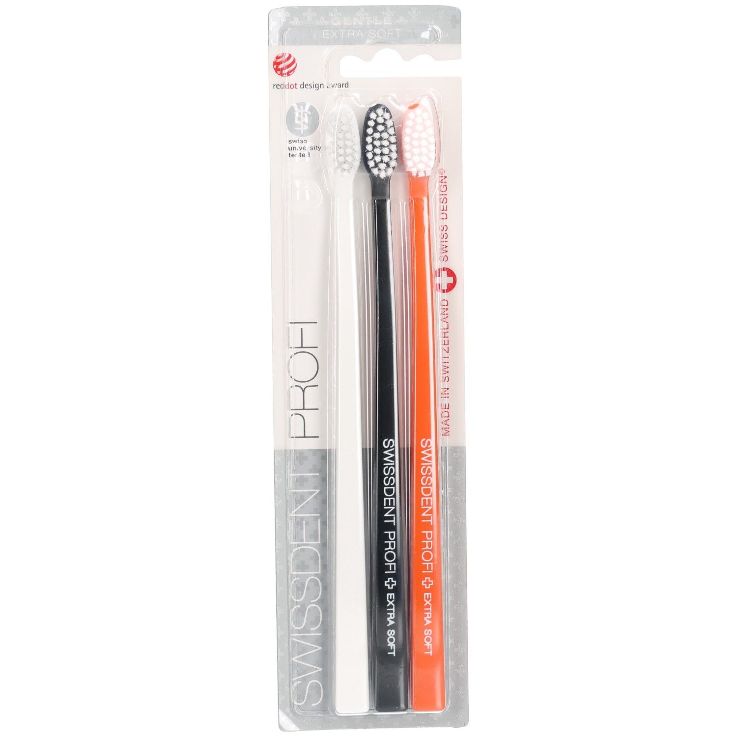 Ensemble de brosses à dents. Trois brosses : blanche, noire, orange. SWISSDENT PROFI. Extra Soft. Emballage avec logo.