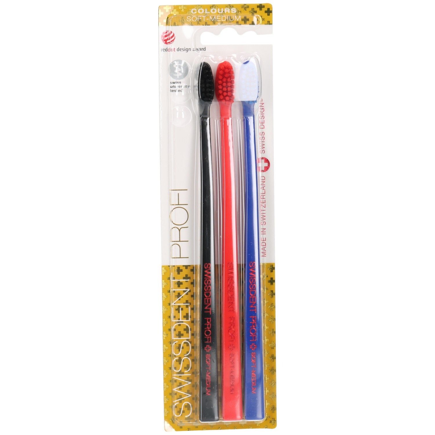 Trois brosses à dents dans un emballage. Noir, rouge et bleu. Swissdent Profi. Soie souple à moyenne.