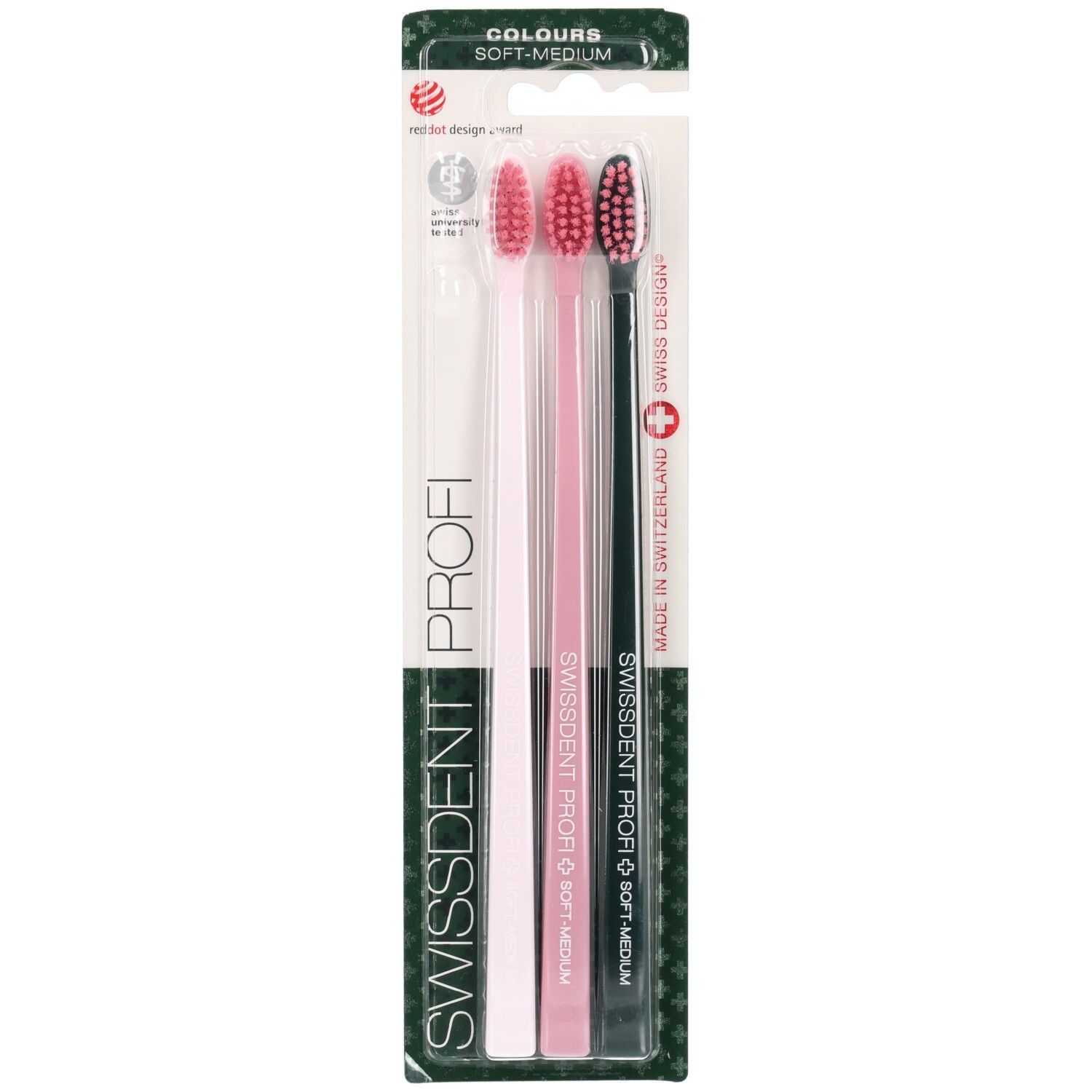 Ensemble de brosses à dents. Quatre brosses roses et noires. Logo SWISSDENT PROFI. Emballage avec prix de design rouge.
