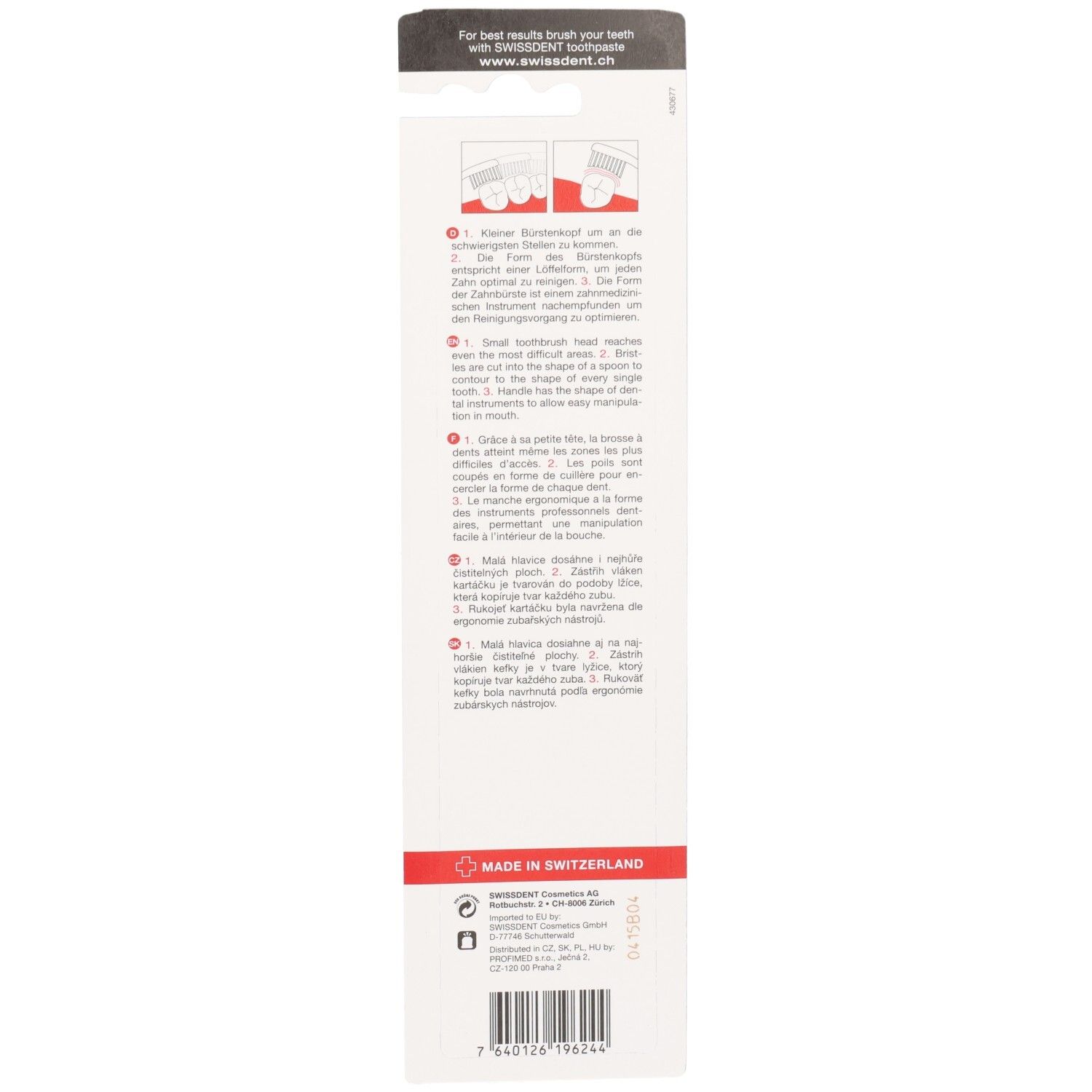 Emballage avec texte et illustrations. Contient des instructions pour l'utilisation de la brosse à dents. Fabriqué en Suisse.