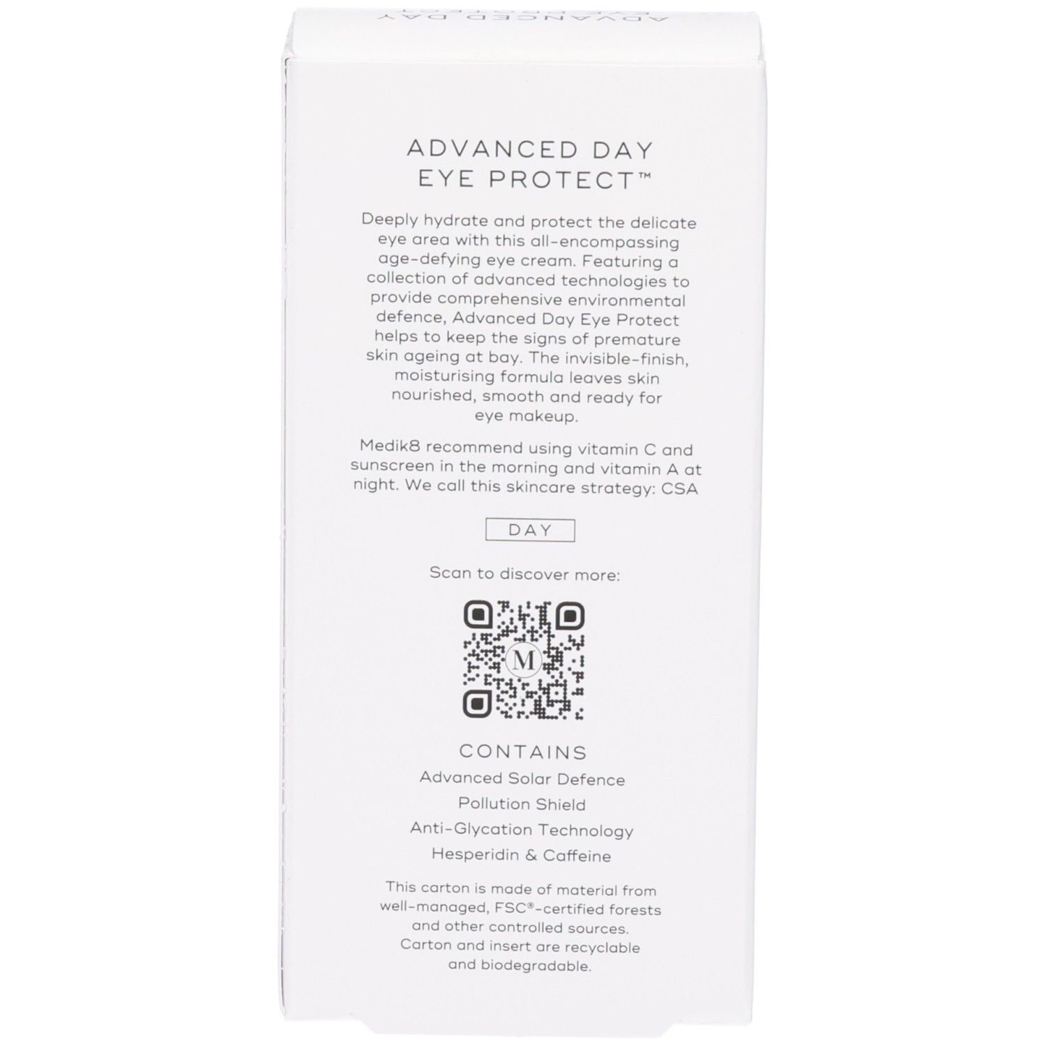Côté de la boîte Medik8 Advanced Day Eye Protect avec instructions et QR code.