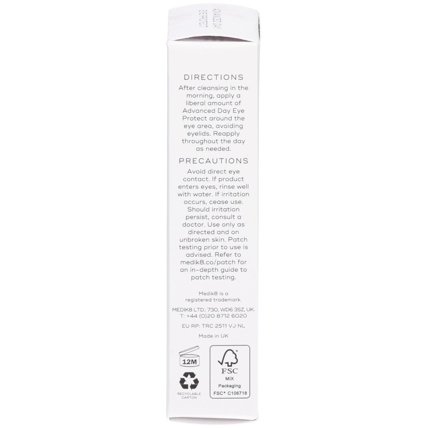 Côté de la boîte Medik8 Advanced Day Eye Protect avec instructions et certifications.