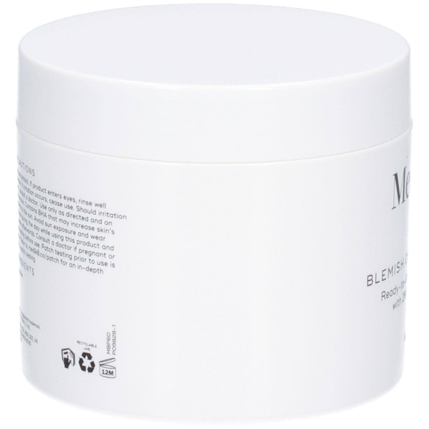 Medik8 Blemish Control Pads : Vue latérale du pot avec instructions d'utilisation.