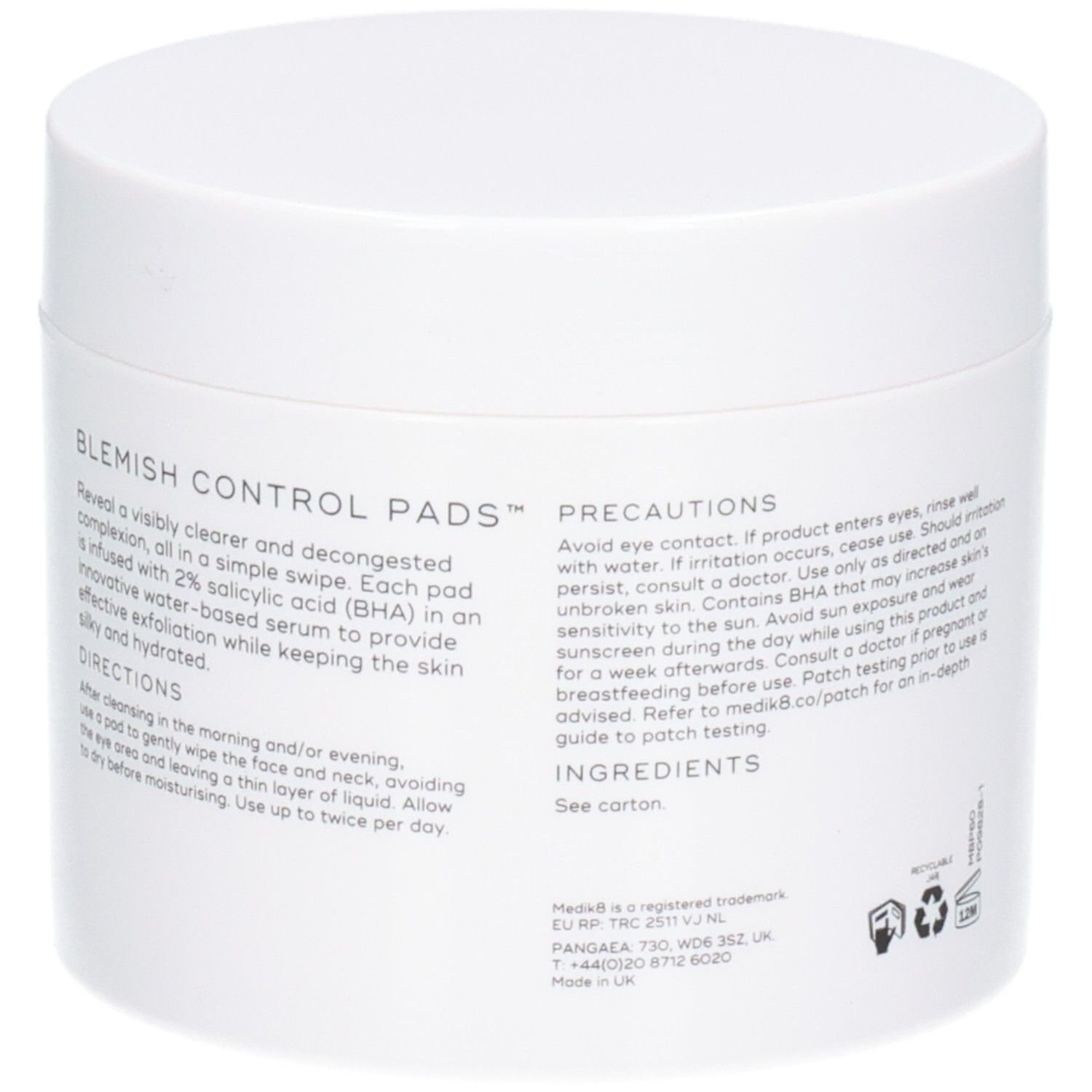 Medik8 Blemish Control Pads : Arrière du pot avec informations produit et précautions.