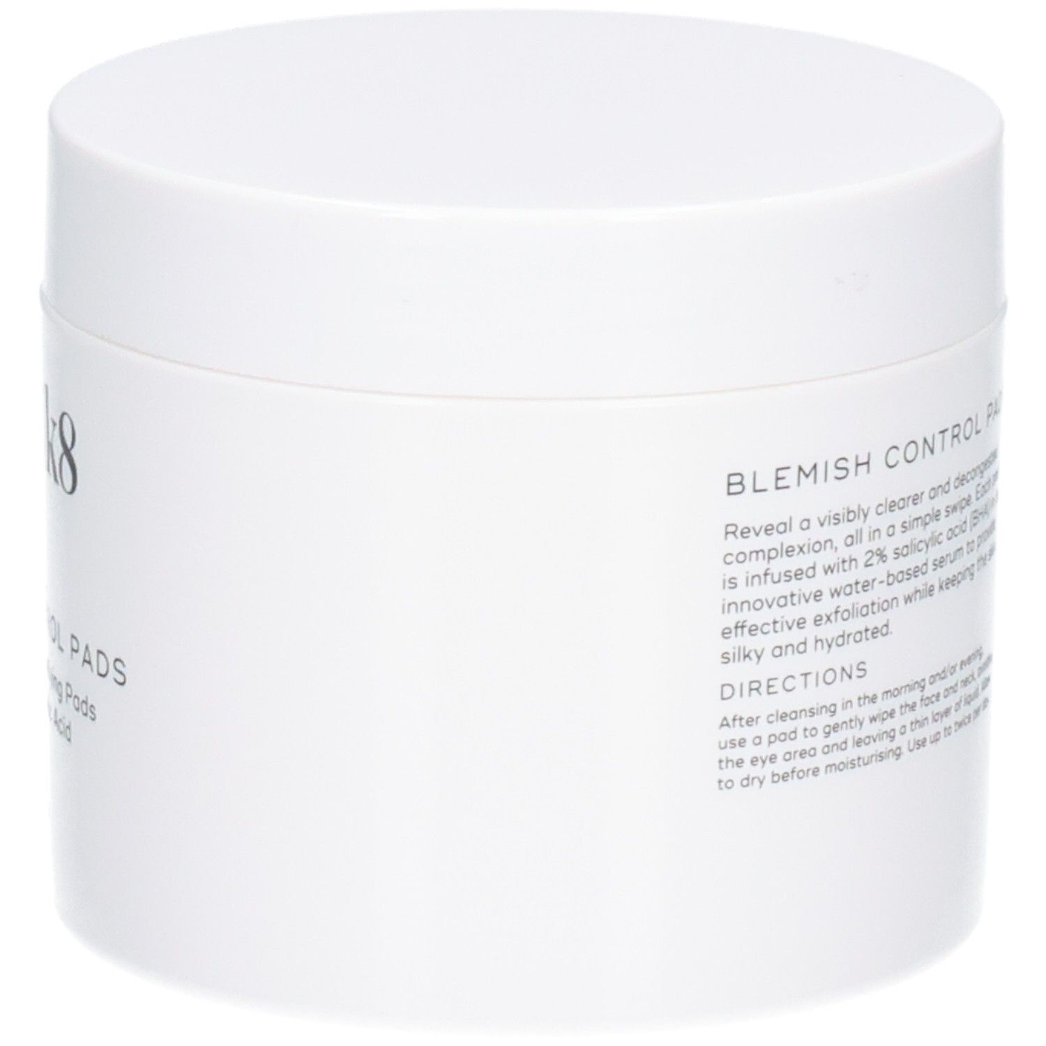 Medik8 Blemish Control Pads : Vue latérale du pot avec description produit et instructions.