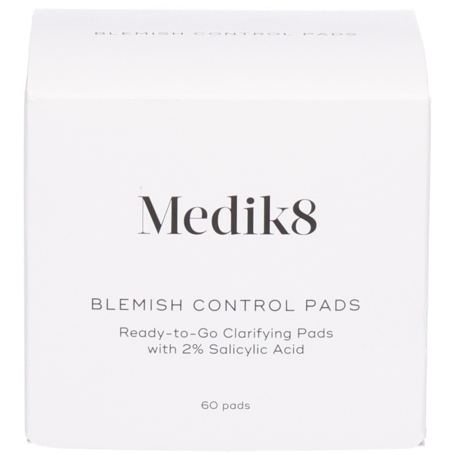 Medik8 Blemish Control Pads : Emballage extérieur de 60 pièces, enrichi en 2% d'acide salicylique.