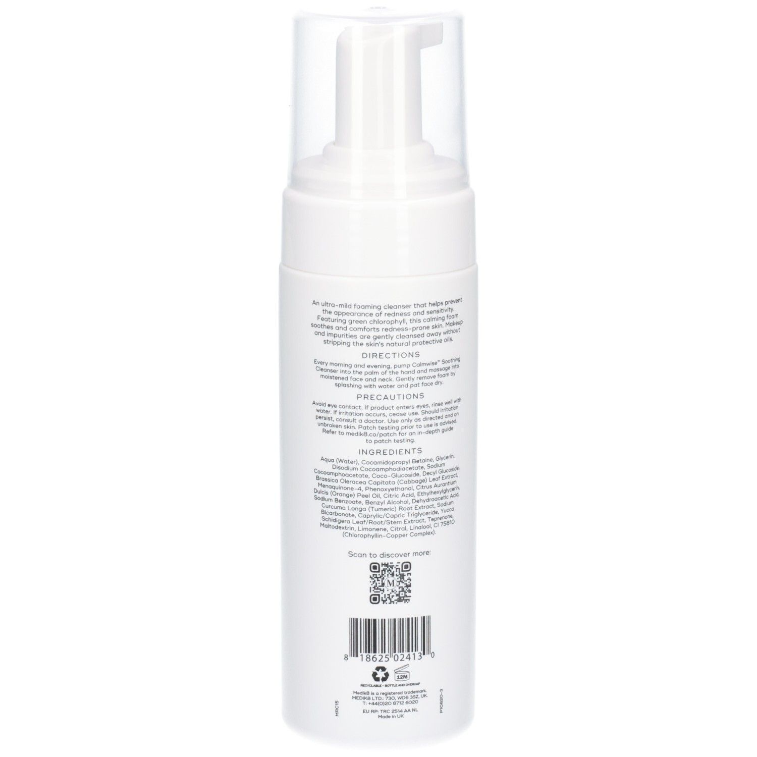 Arrière du flacon Medik8 Calmwise Soothing Cleanser avec instructions et code QR.