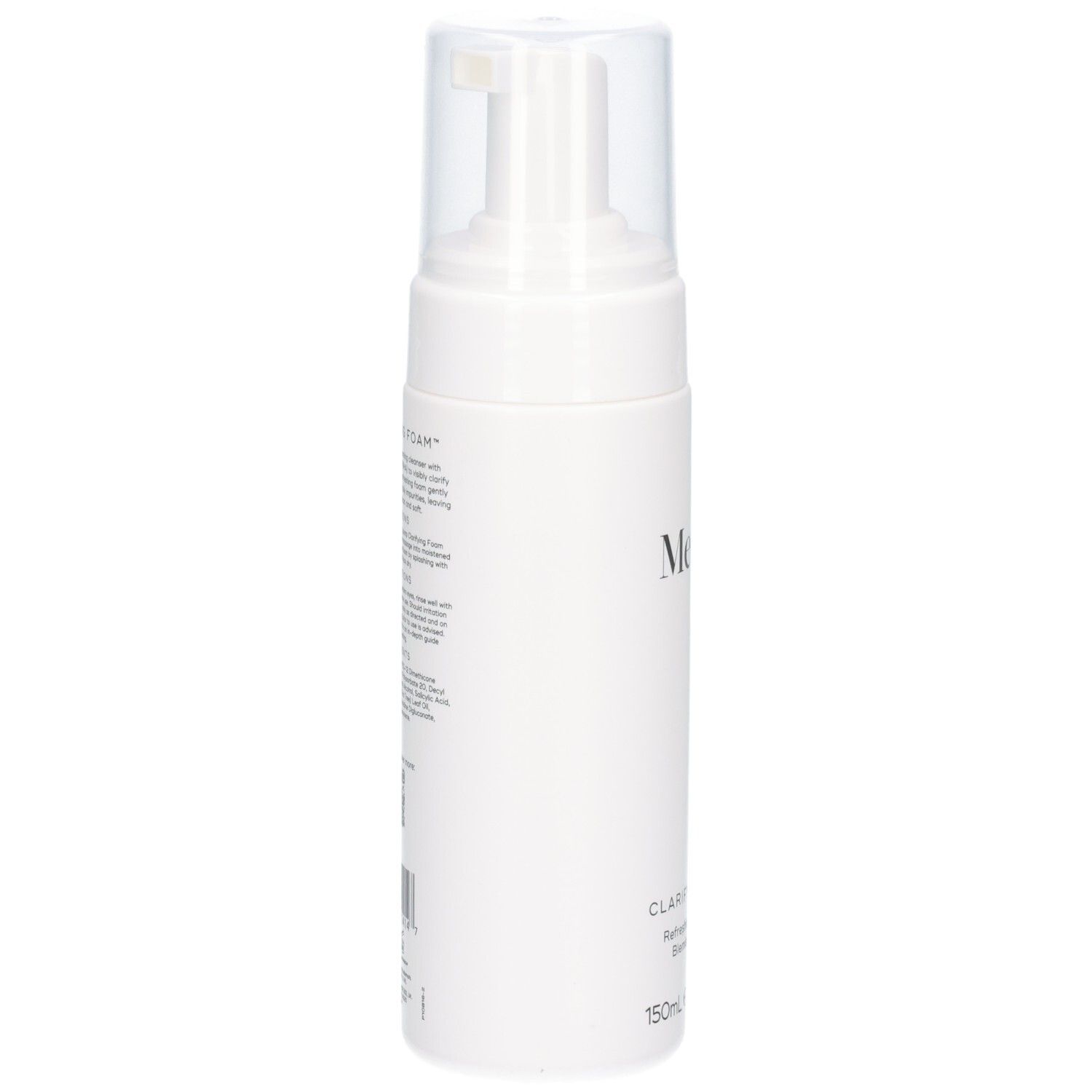 Flacon pompe Medik8 Clarifying Foam, vue arrière avec informations produit et code-barres. 150ml / 5.0 Fl. Oz.