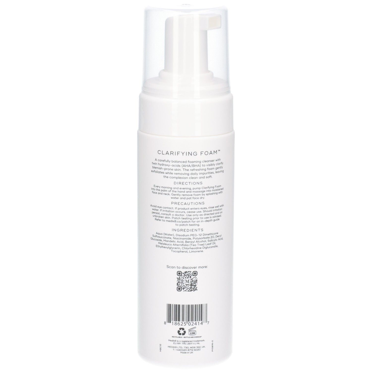 Flacon pompe Medik8 Clarifying Foam, vue arrière avec instructions d'utilisation détaillées et ingrédients. 150ml / 5.0 Fl. Oz.
