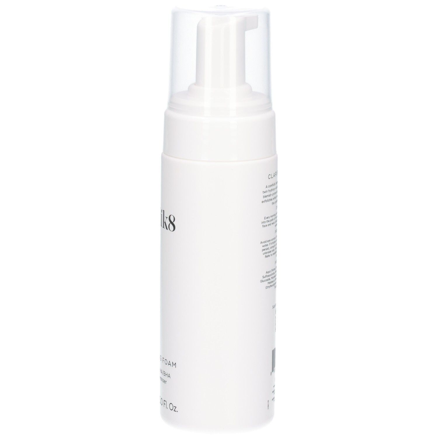 Flacon pompe Medik8 Clarifying Foam, vue de côté avec distributeur et capuchon transparent. 150ml / 5.0 Fl. Oz.