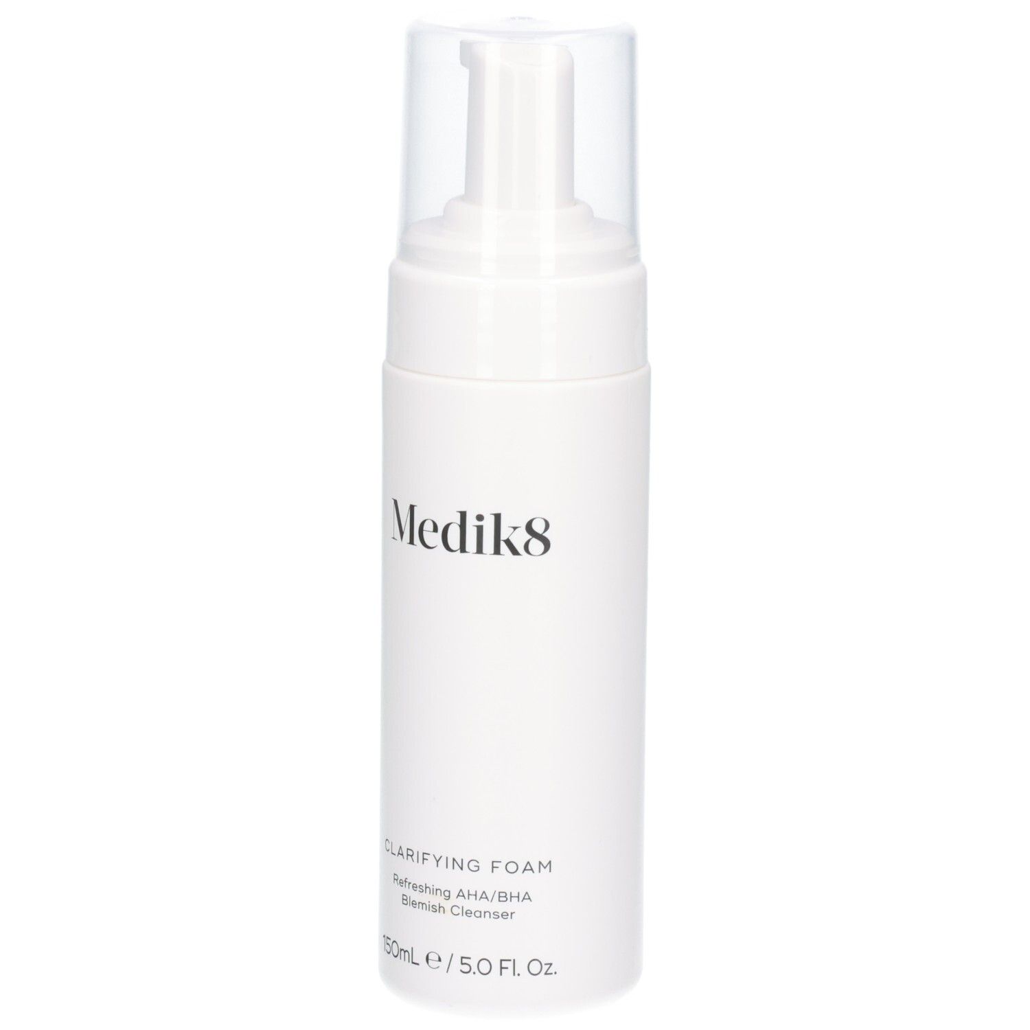Flacon pompe Medik8 Clarifying Foam, vue de face avec distributeur et capuchon transparent. 150ml / 5.0 Fl. Oz.