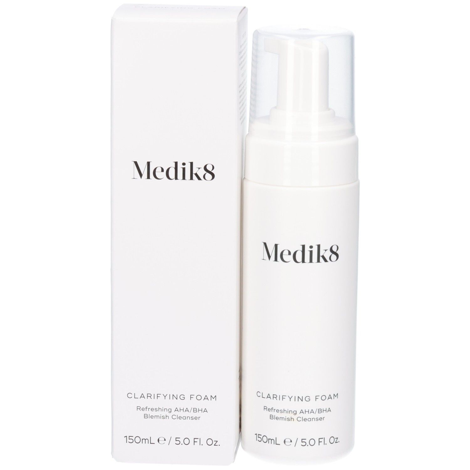 Flacon pompe Medik8 Clarifying Foam et son emballage extérieur. Les deux avec distributeur et capuchon transparent. 150ml / 5.0 Fl. Oz.