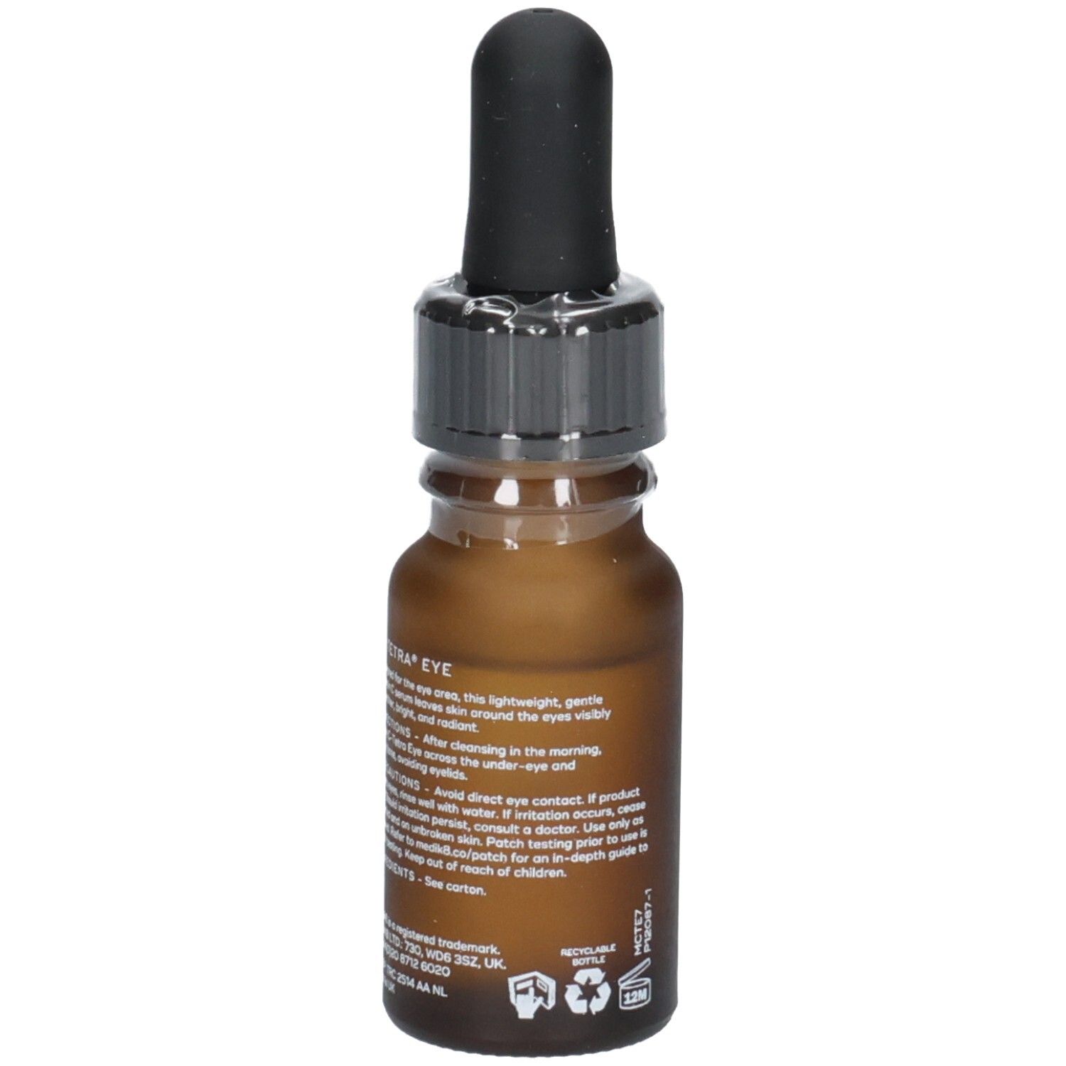 Sérum contour des yeux Medik8 C-Tetra, arrière du flacon en verre brun avec pipette et étiquette. 7ml / 0.23 Fl. Oz.