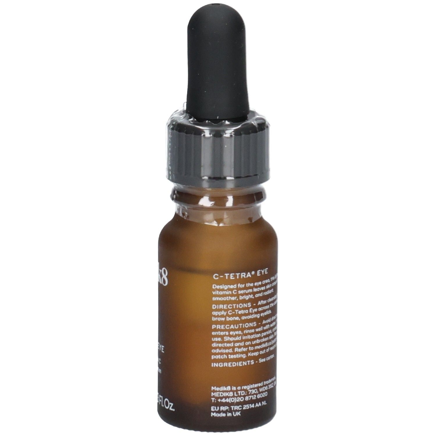 Sérum contour des yeux Medik8 C-Tetra, vue latérale du flacon en verre brun avec pipette et étiquette. 7ml / 0.23 Fl. Oz.