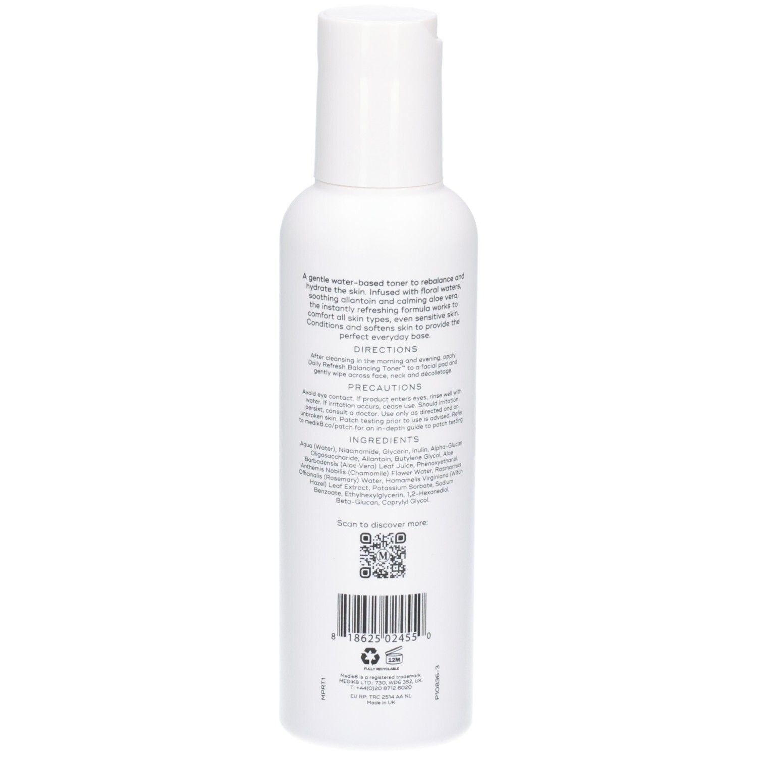 Dos du Medik8 Daily Refresh Balancing Toner avec informations détaillées.