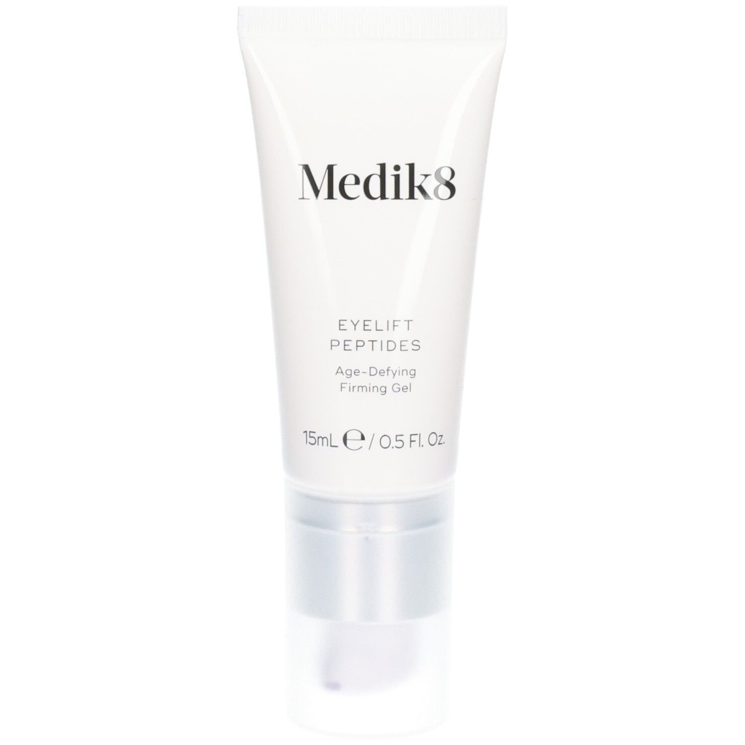 Medik8 Eyelift Peptides : Tube blanc avec embout pompe argenté. Contient un gel raffermissant anti-âge.