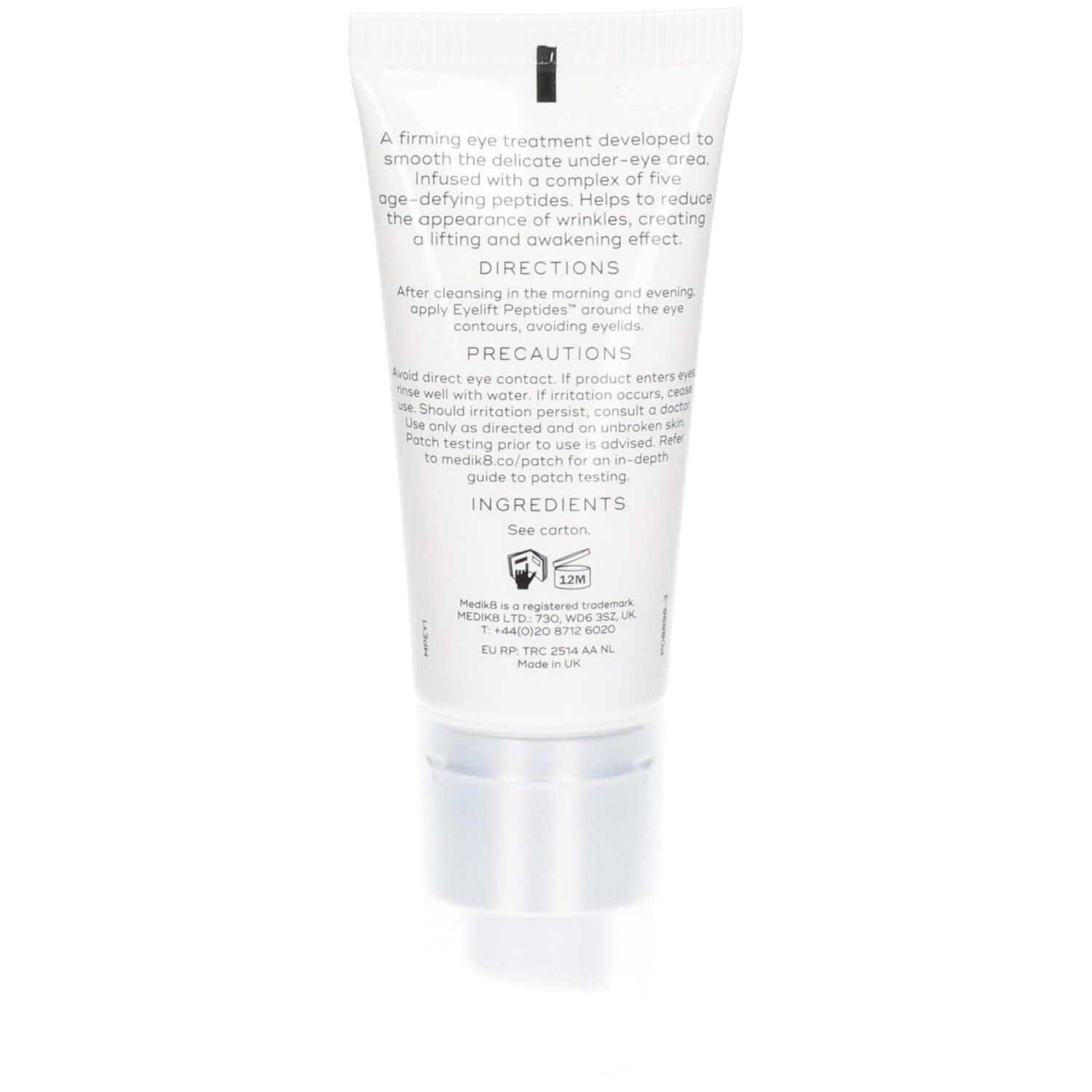 Dos de la tube Medik8 Eyelift Peptides avec instructions d'utilisation et ingrédients.