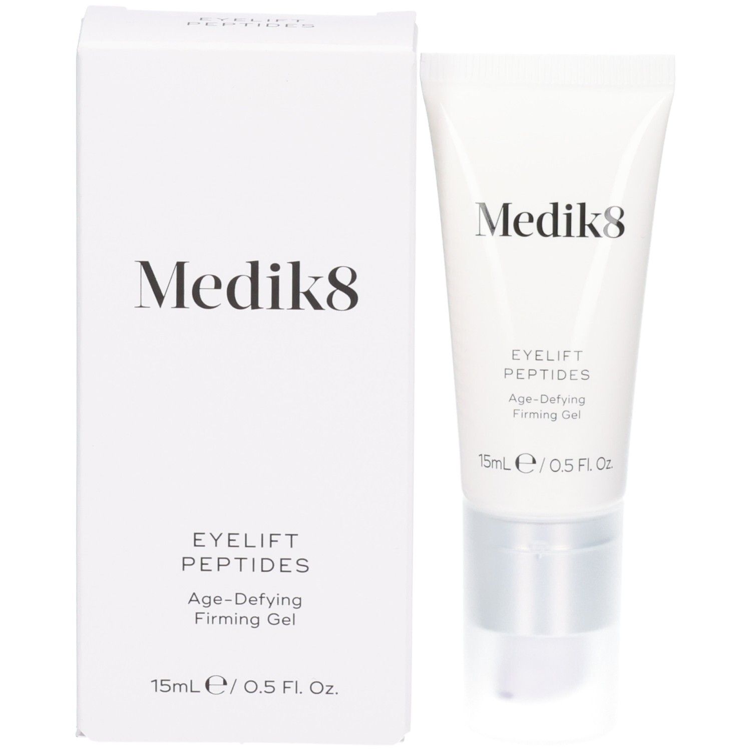 Tube Medik8 Eyelift Peptides et sa boîte pliante côte à côte. Les deux portent le nom et la description du produit.