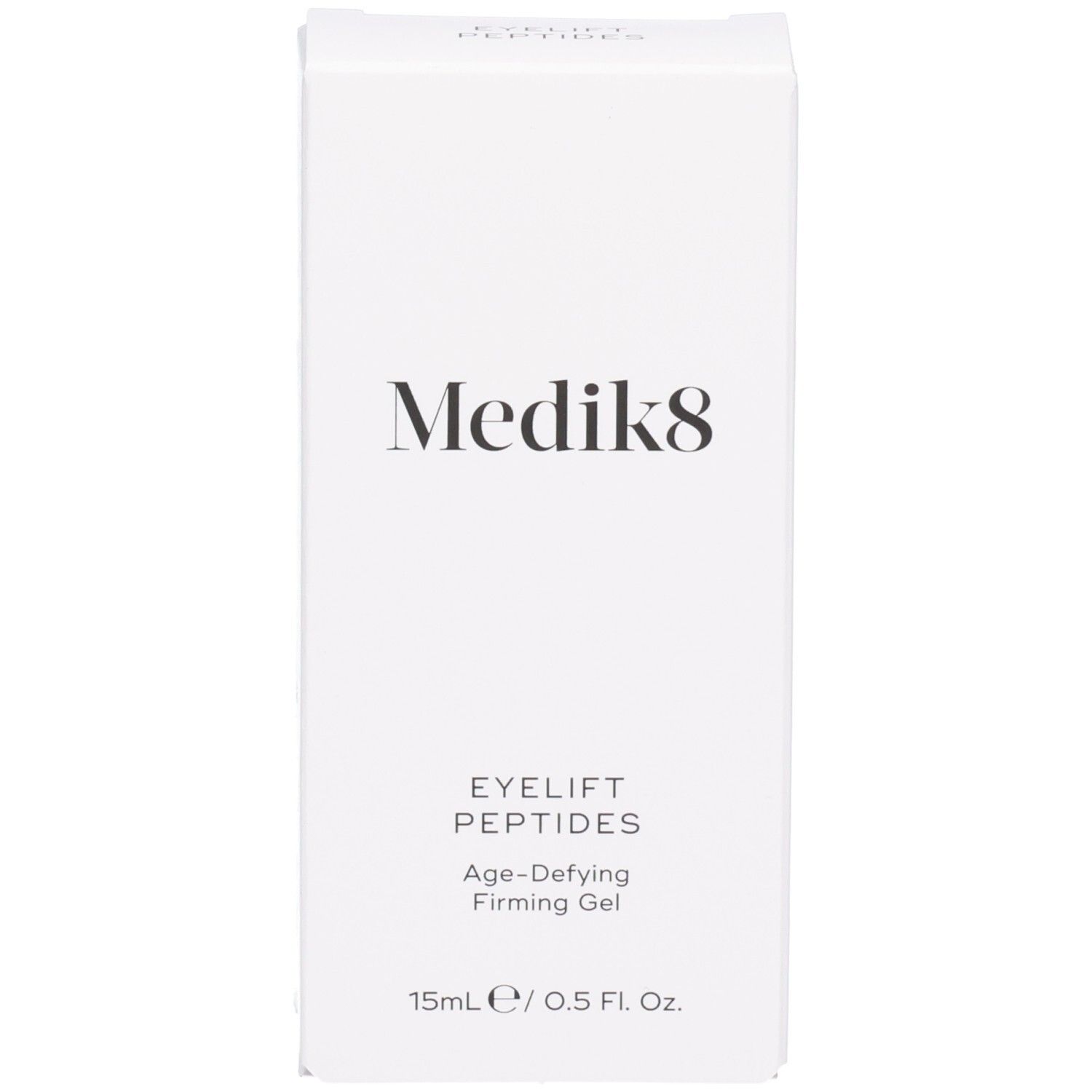 Boîte pliante blanche pour Medik8 Eyelift Peptides, avec nom de marque et description du produit.