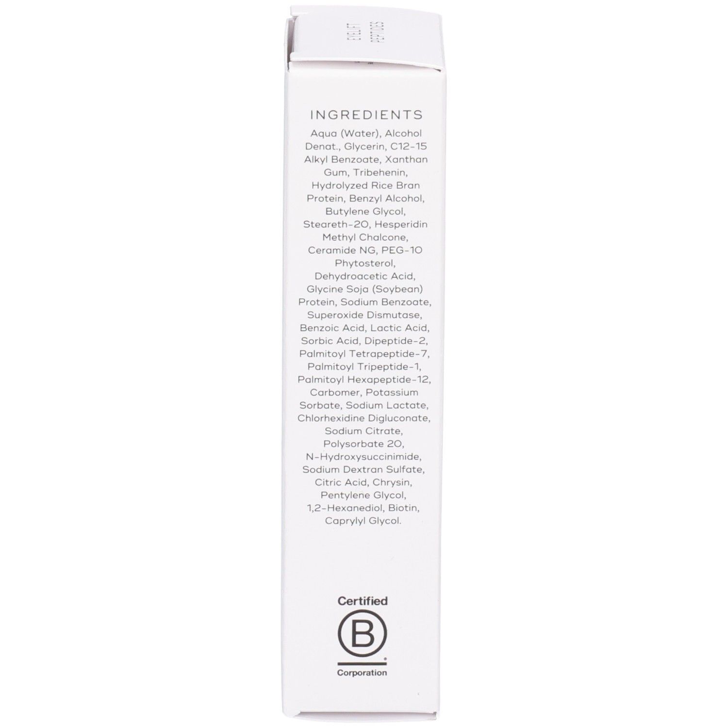 Côté de la boîte Medik8 Eyelift Peptides avec liste complète des ingrédients et certification B Corp.