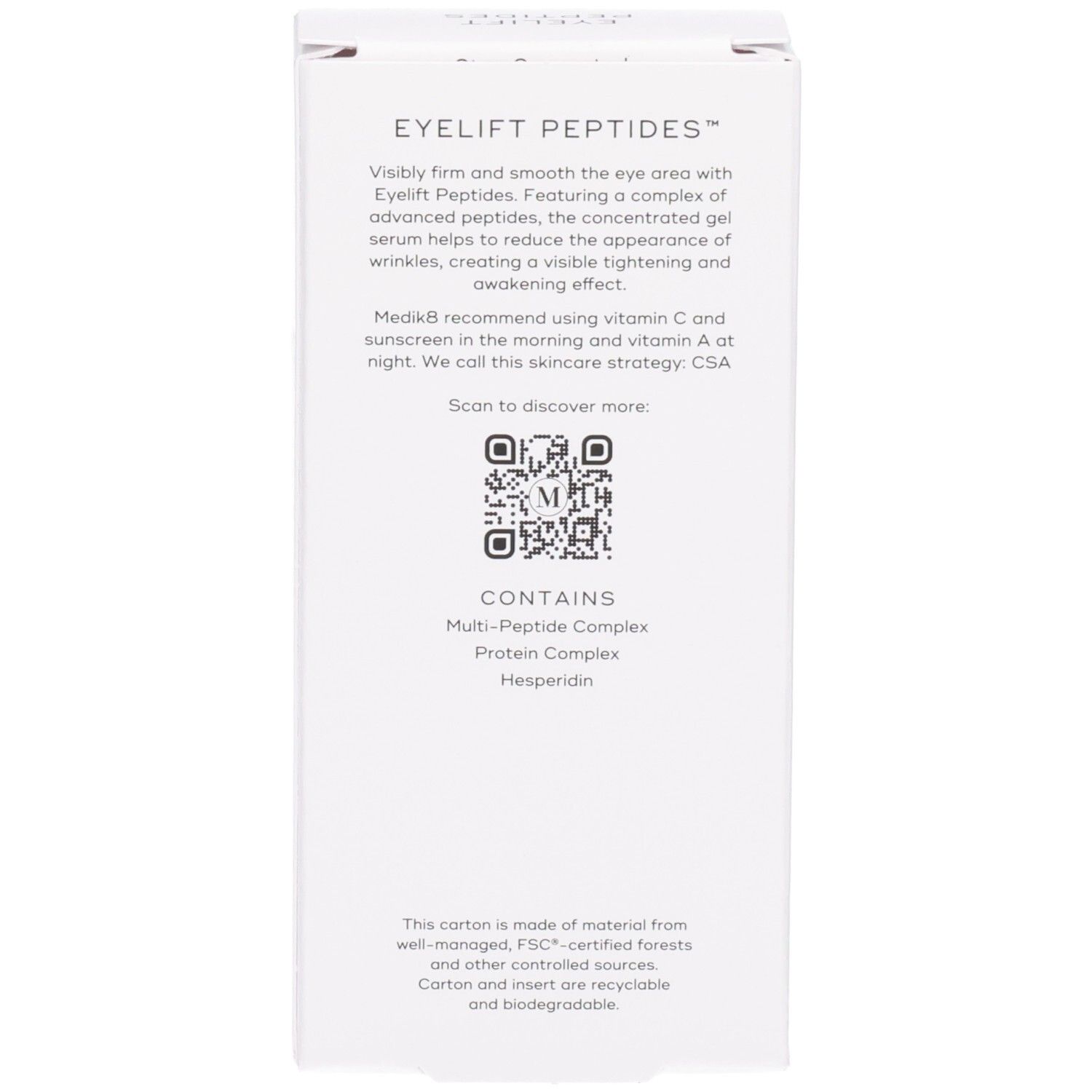 Dos de la boîte Medik8 Eyelift Peptides avec description, QR code et ingrédients clés.