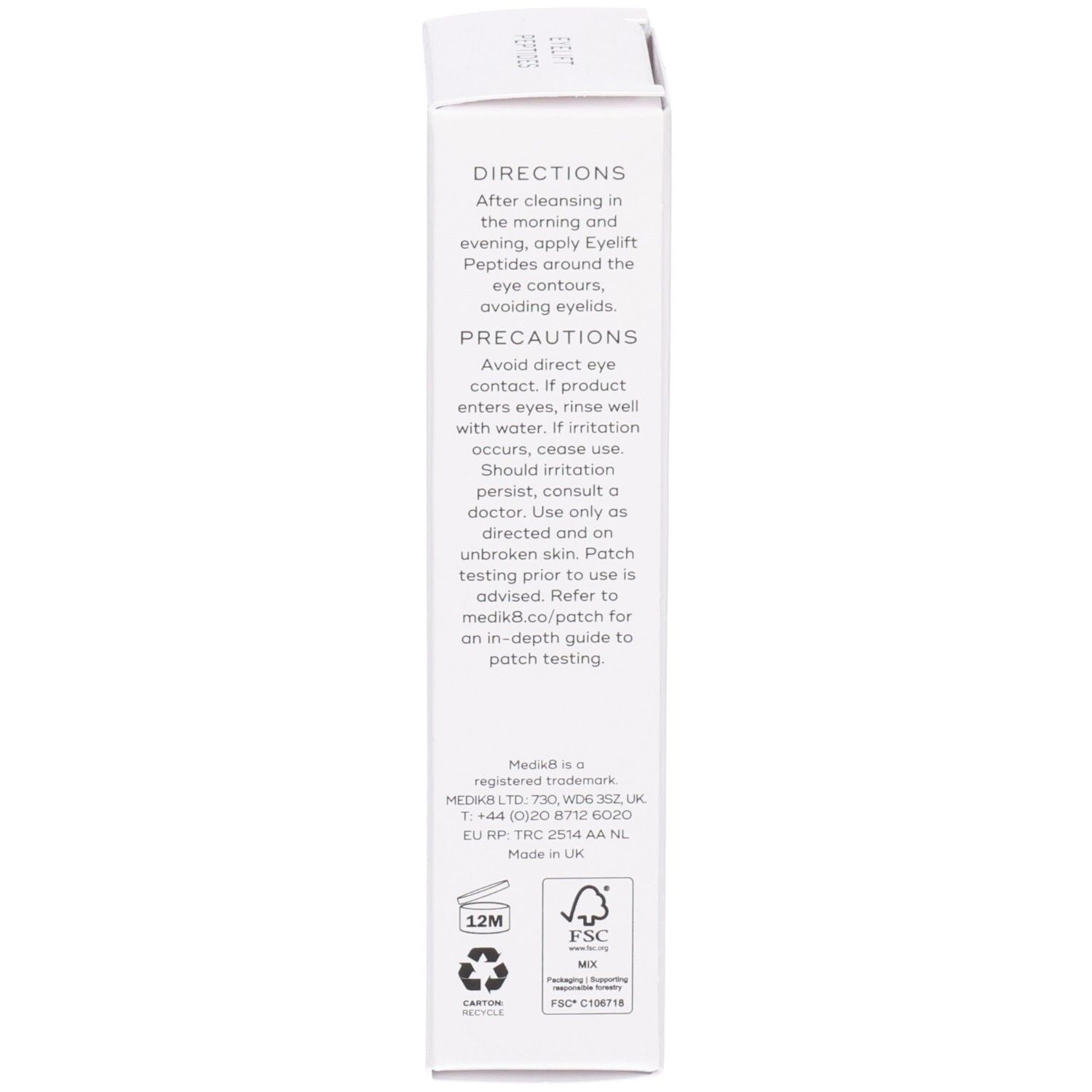 Vue latérale de la boîte Medik8 Eyelift Peptides avec instructions, précautions et logos.