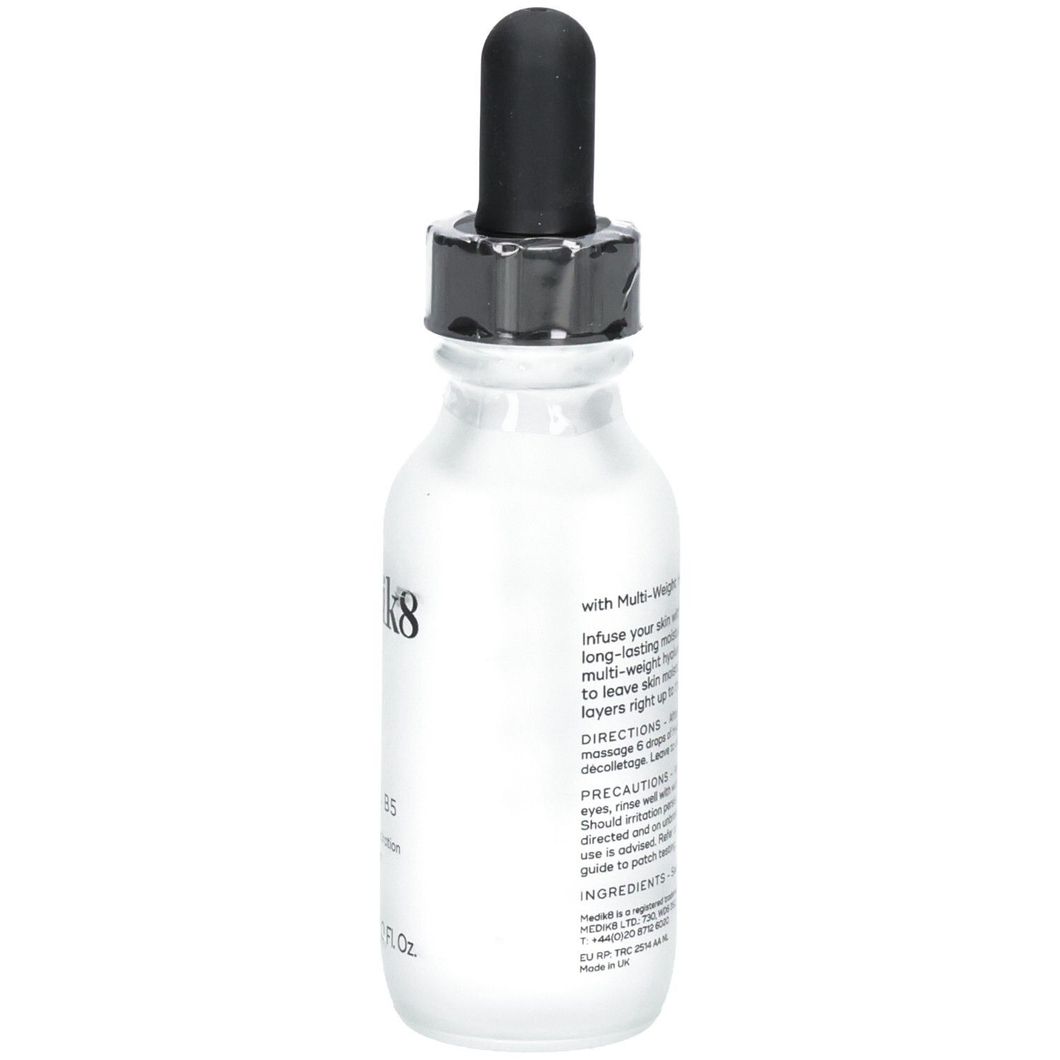 Vue latérale du flacon de sérum Medik8 Hydr8 B5 avec instructions et ingrédients.