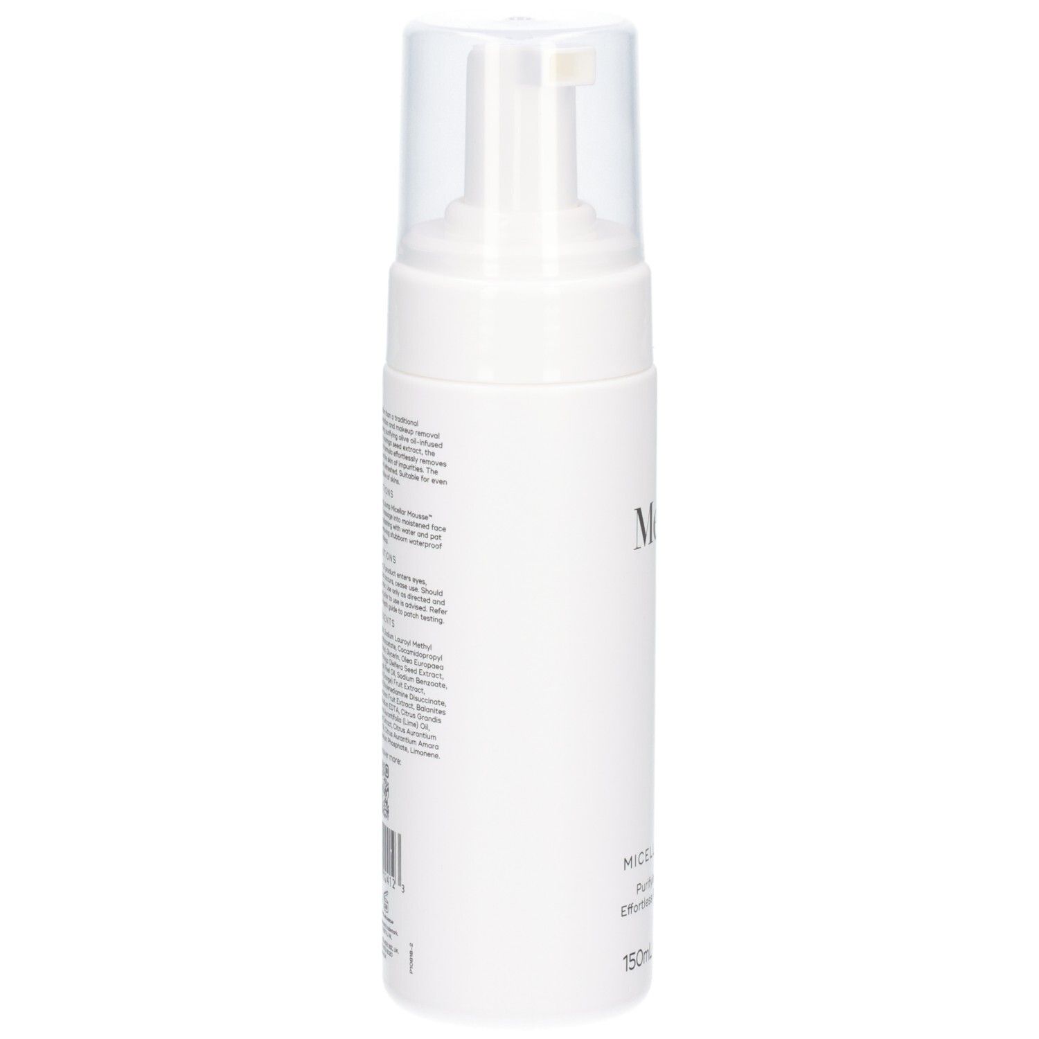 Flacon Medik8 Micellar Mousse, verso avec liste des ingrédients et instructions. 150ml.