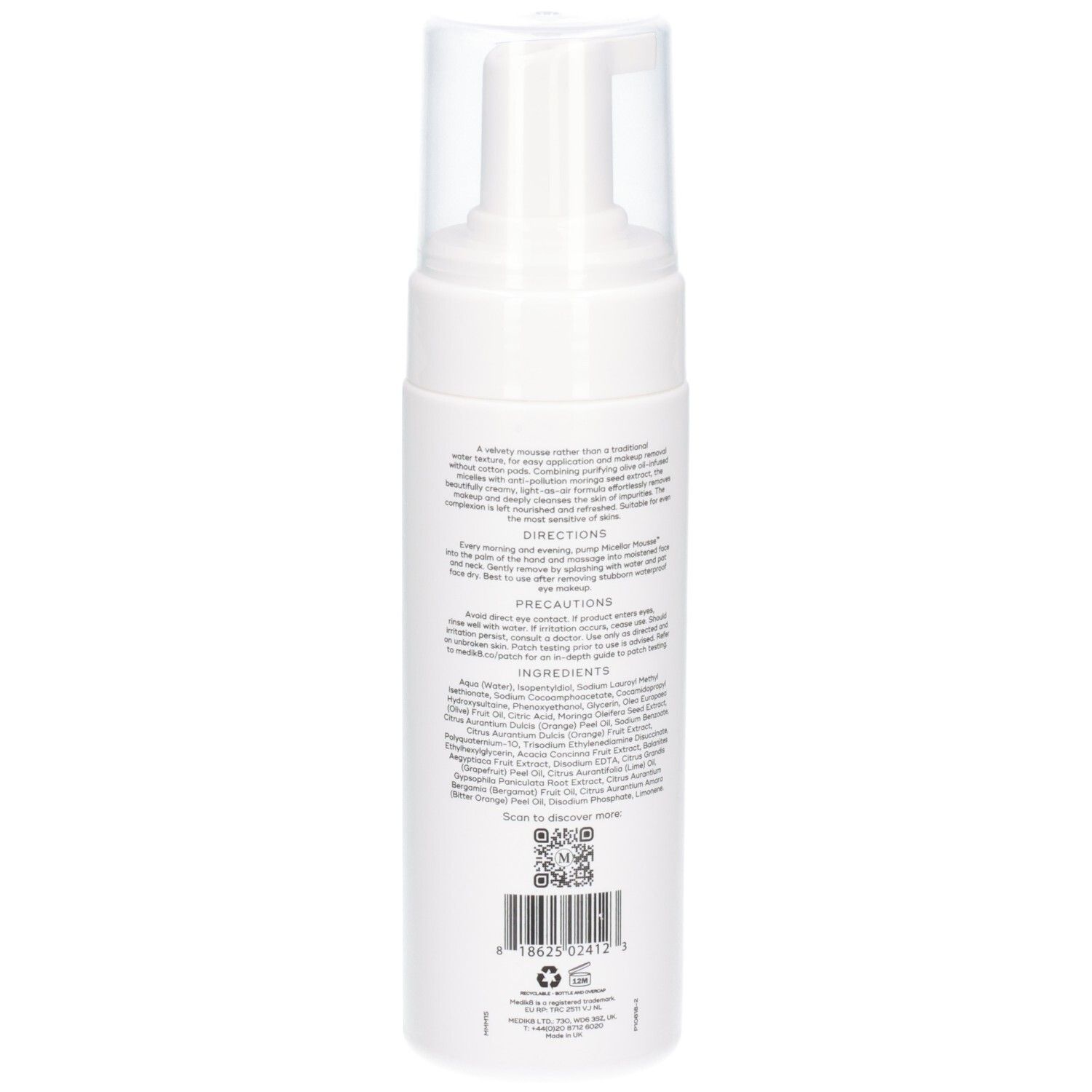 Flacon Medik8 Micellar Mousse, verso avec instructions d'utilisation détaillées et ingrédients.