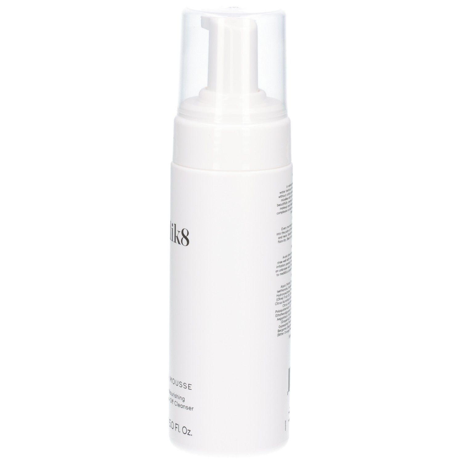 Flacon Medik8 Micellar Mousse, vue de côté avec pompe et capuchon transparent.