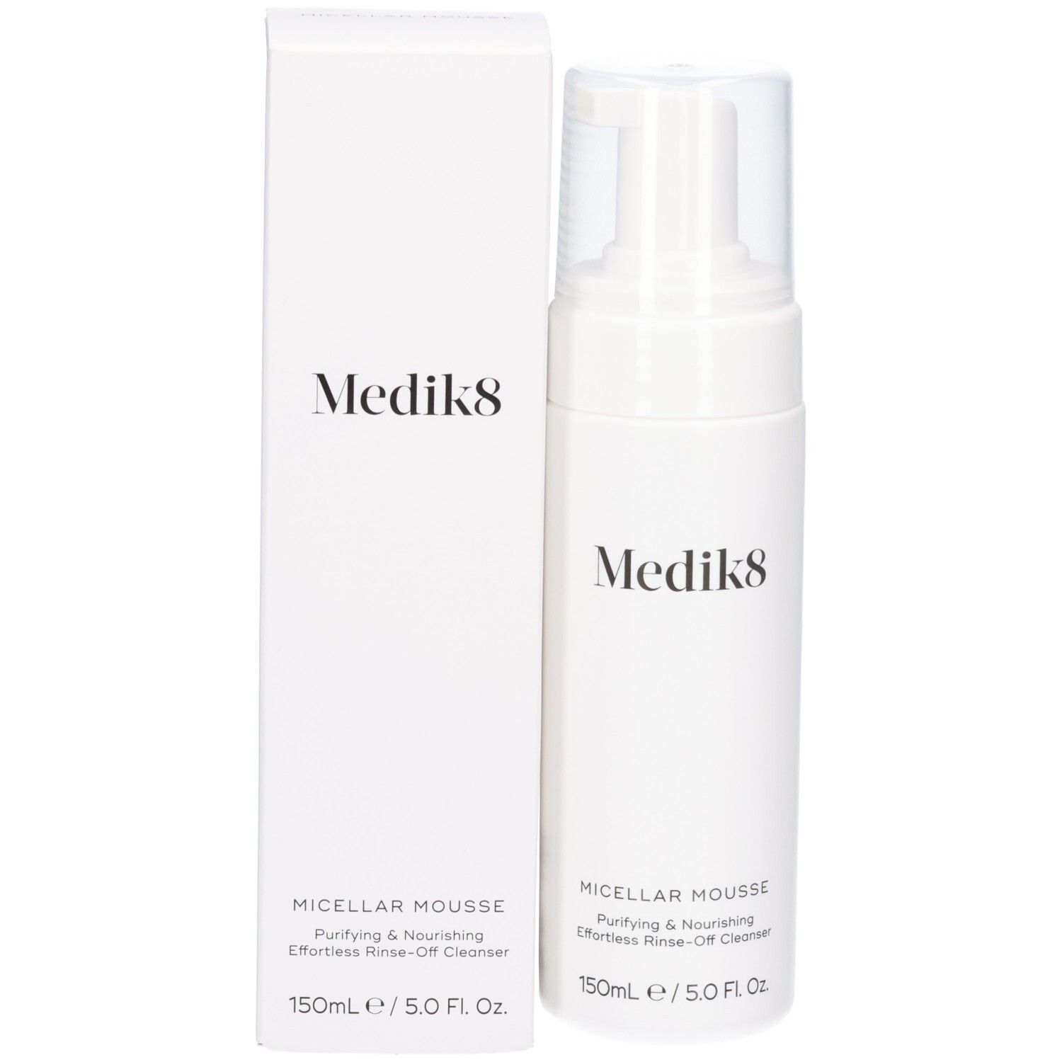 Flacon Medik8 Micellar Mousse et son emballage extérieur. 150ml / 5.0 Fl. Oz.